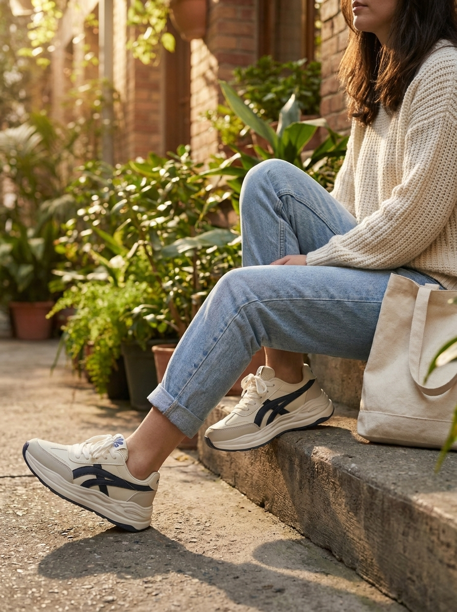 Women’s Vintage-Inspired Platform Sneakers – Retro Off-White & Navy Blue Casual Chunky Trainers