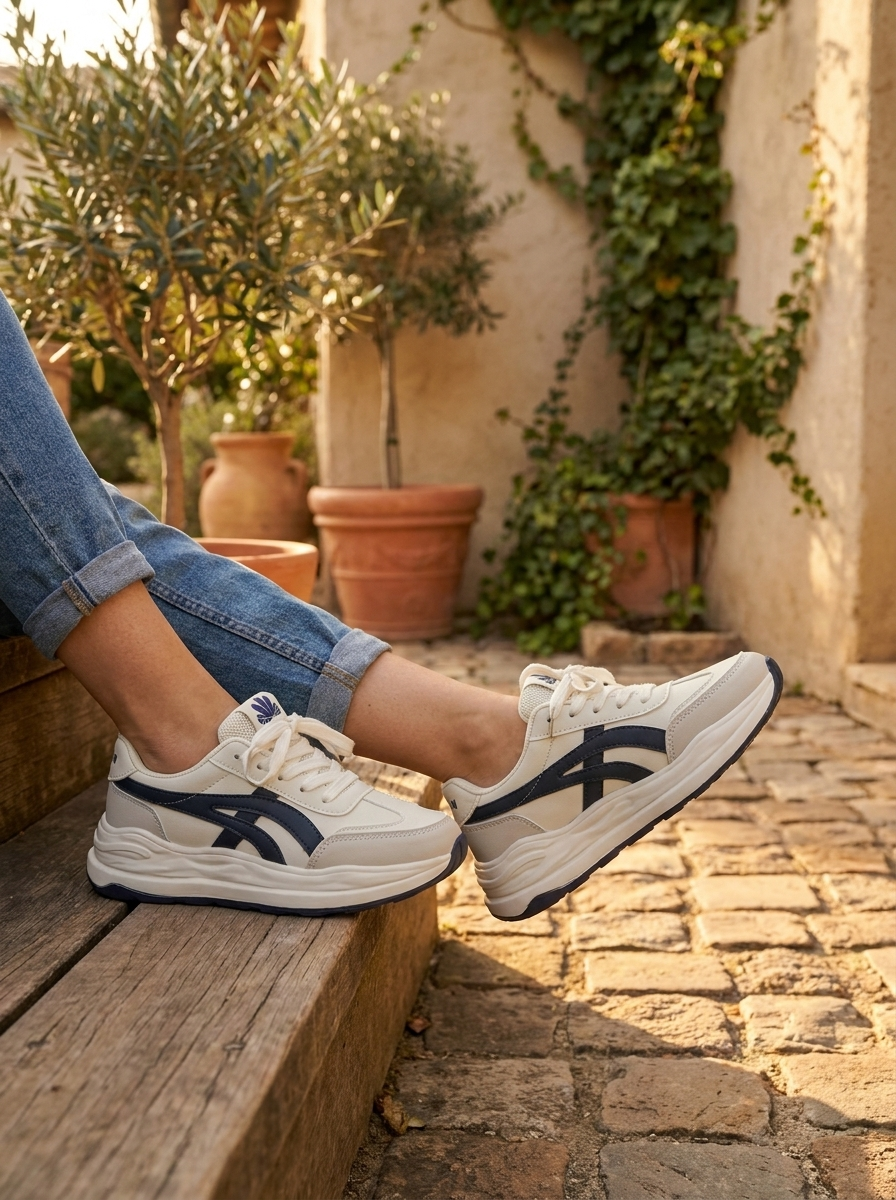 Women’s Vintage-Inspired Platform Sneakers – Retro Off-White & Navy Blue Casual Chunky Trainers