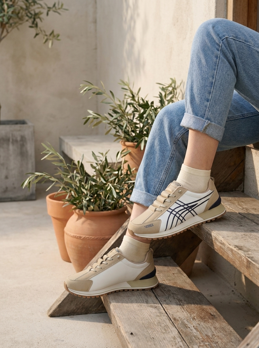 Women’s Modern Casual Sneakers – Contemporary Khaki & White Low-Top Lifestyle Shoes