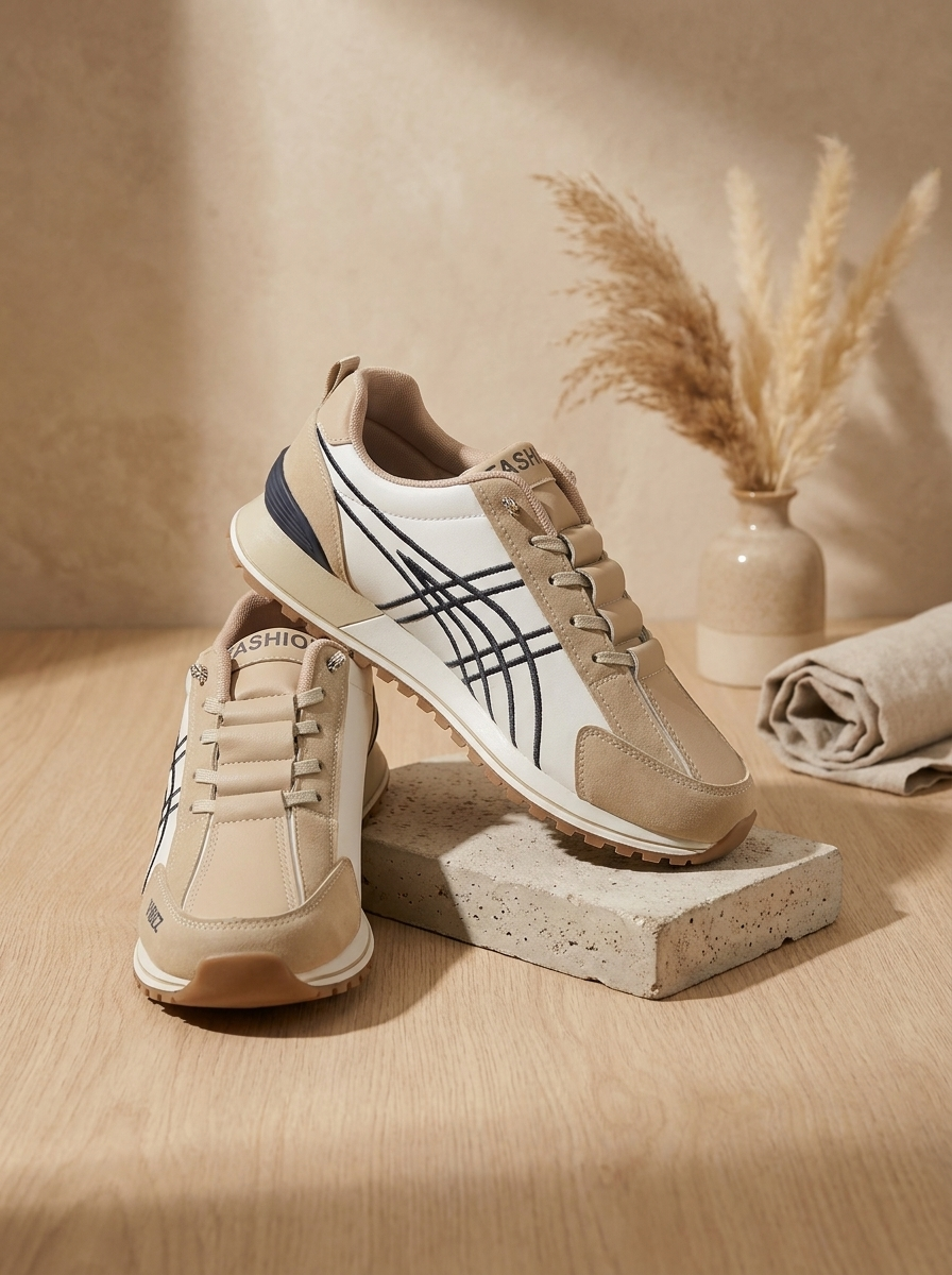 Women’s Modern Casual Sneakers – Contemporary Khaki & White Low-Top Lifestyle Shoes