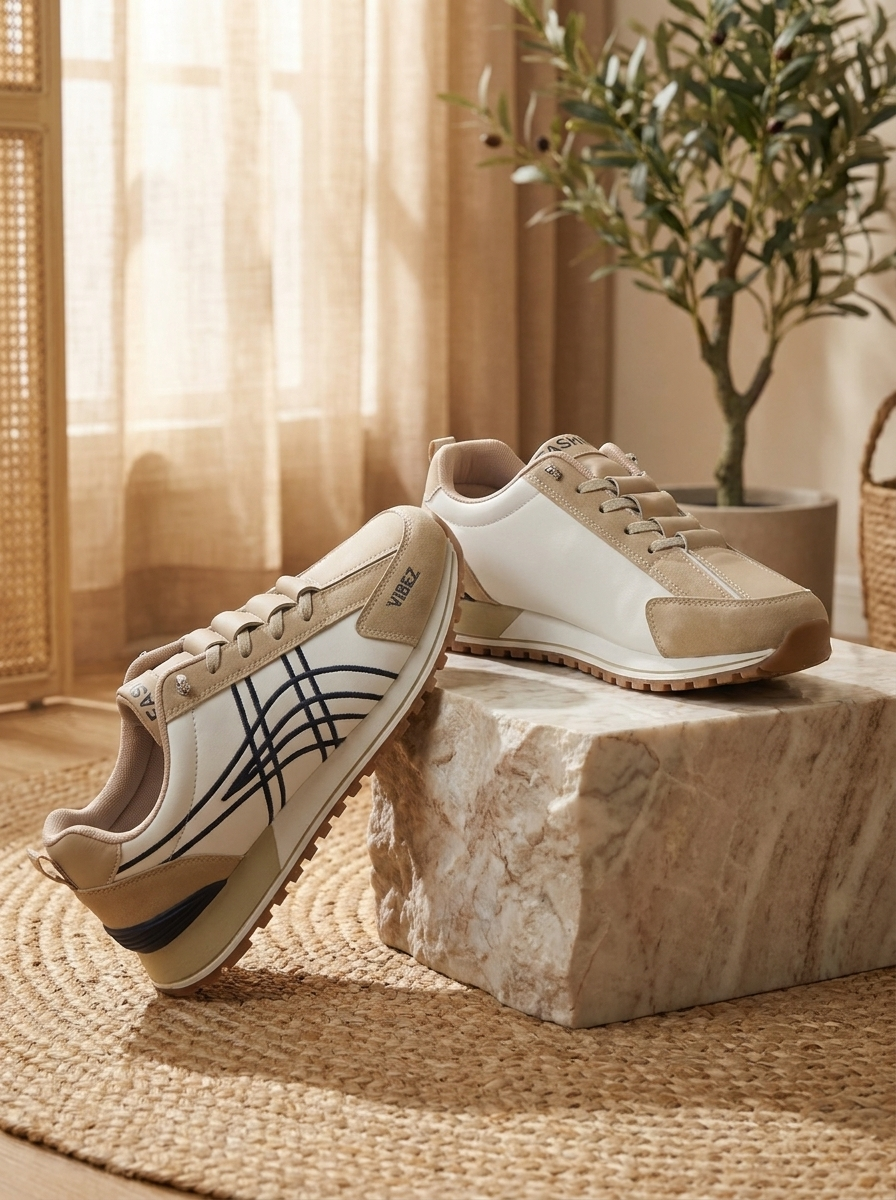 Women’s Modern Casual Sneakers – Contemporary Khaki & White Low-Top Lifestyle Shoes