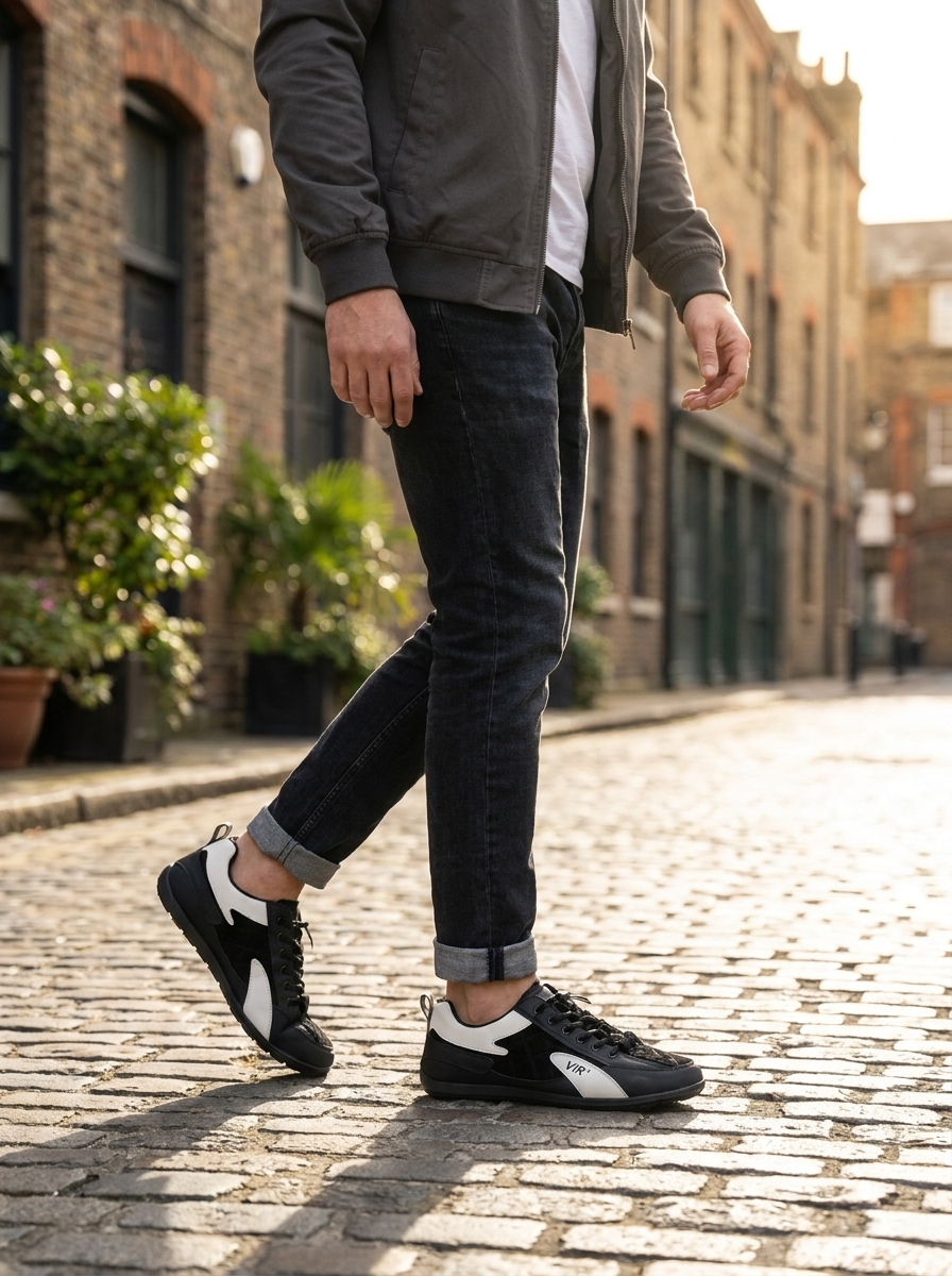 Men’s Sleek Contrast Low-Top Sneakers – Lightweight Black & White Casual Streetwear Shoes