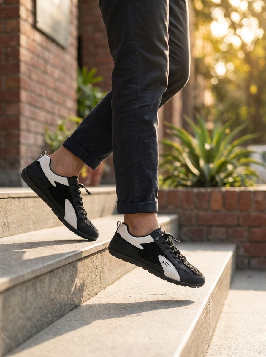 Men’s Sleek Contrast Low-Top Sneakers – Lightweight Black & White Casual Streetwear Shoes