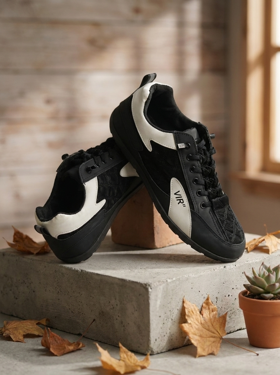 Men’s Sleek Contrast Low-Top Sneakers – Lightweight Black & White Casual Streetwear Shoes