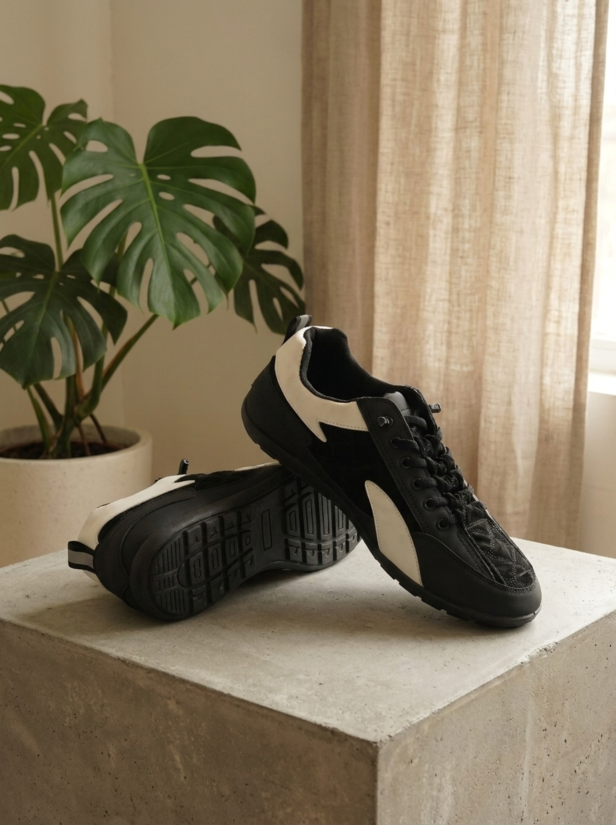 Men’s Sleek Contrast Low-Top Sneakers – Lightweight Black & White Casual Streetwear Shoes