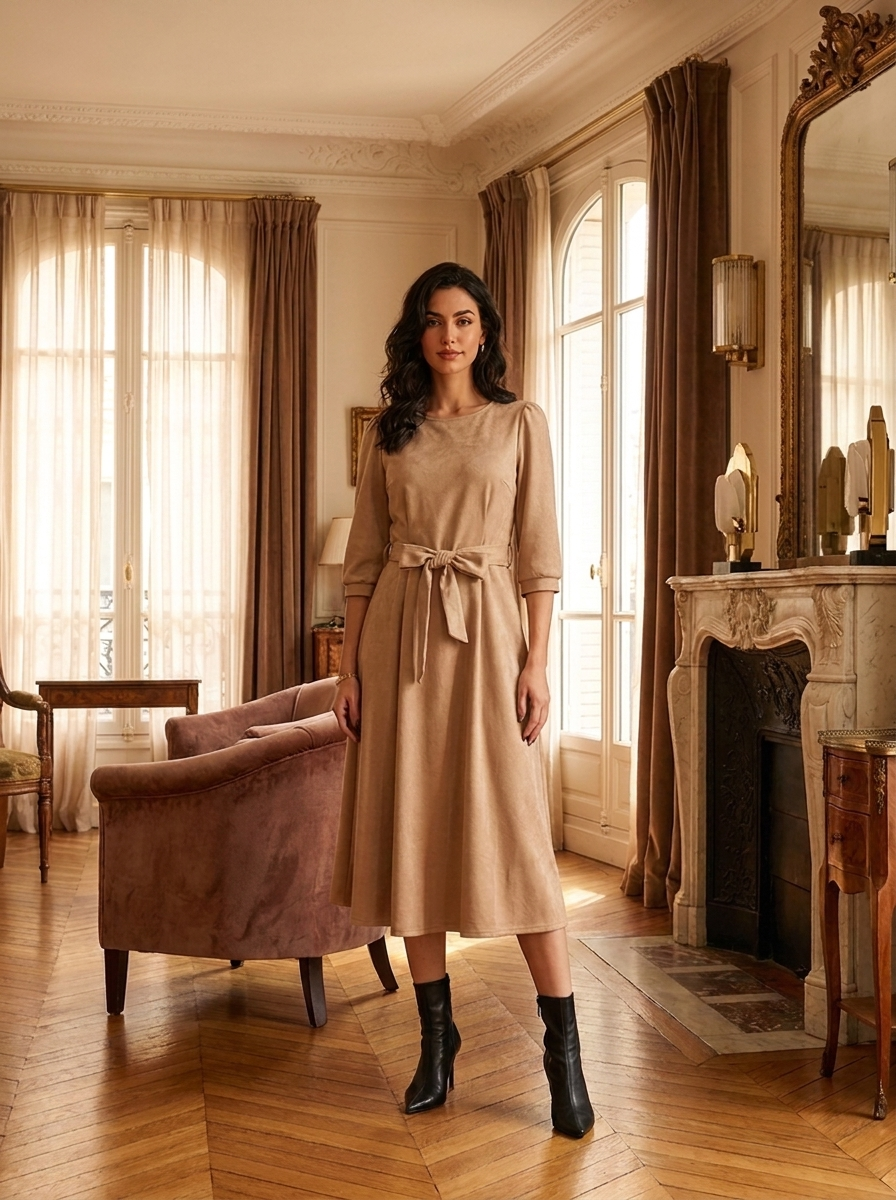 Women's Warm Midi Dress with Waist Tie – FineLook