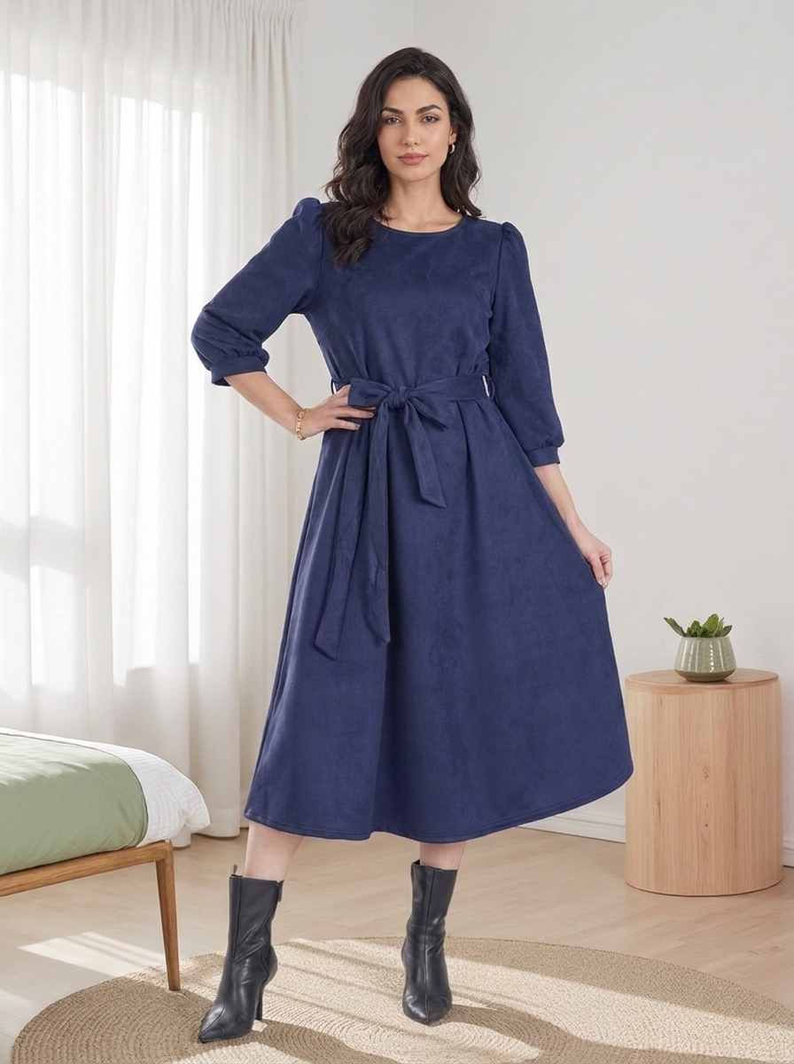 Women’s Warm Midi Dress with Waist Tie