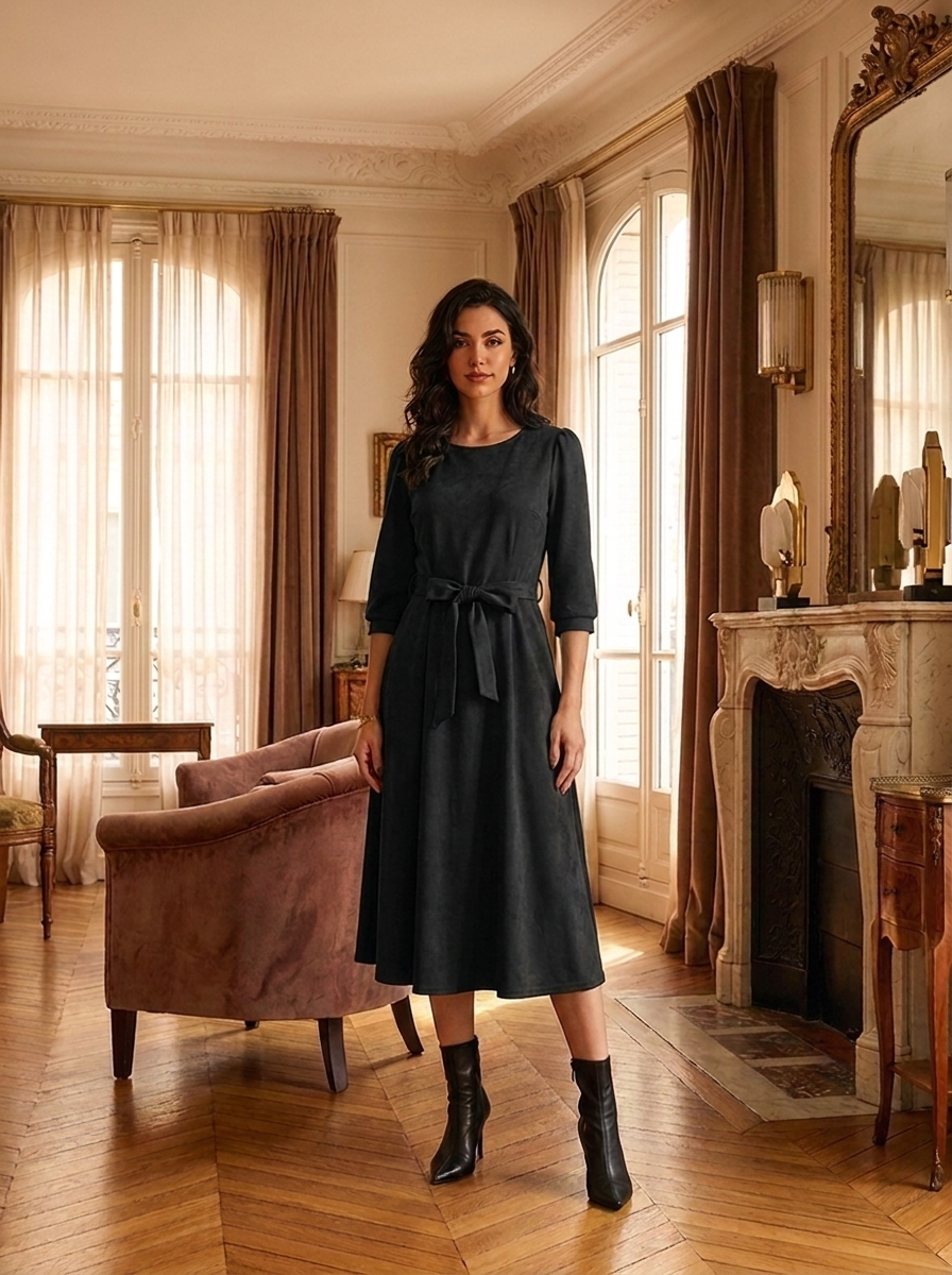 Women's Warm Midi Dress with Waist Tie – FineLook