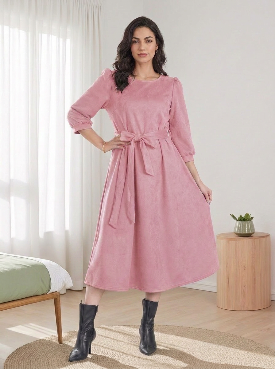 Women’s Warm Midi Dress with Waist Tie