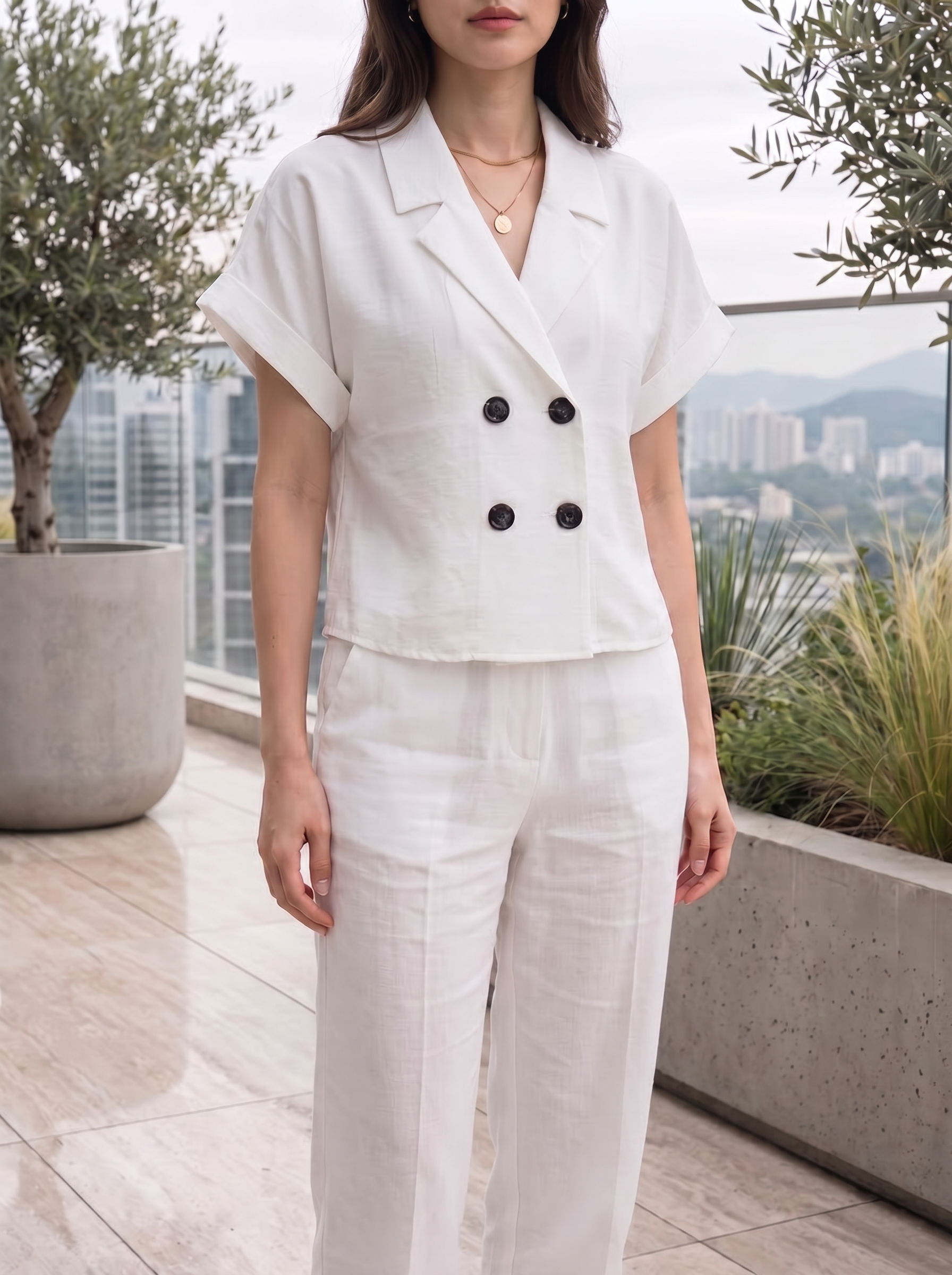 Ladies Textured Crop Blazer Blouse & Trouser set - Casual Notch Lapel Summer Top
