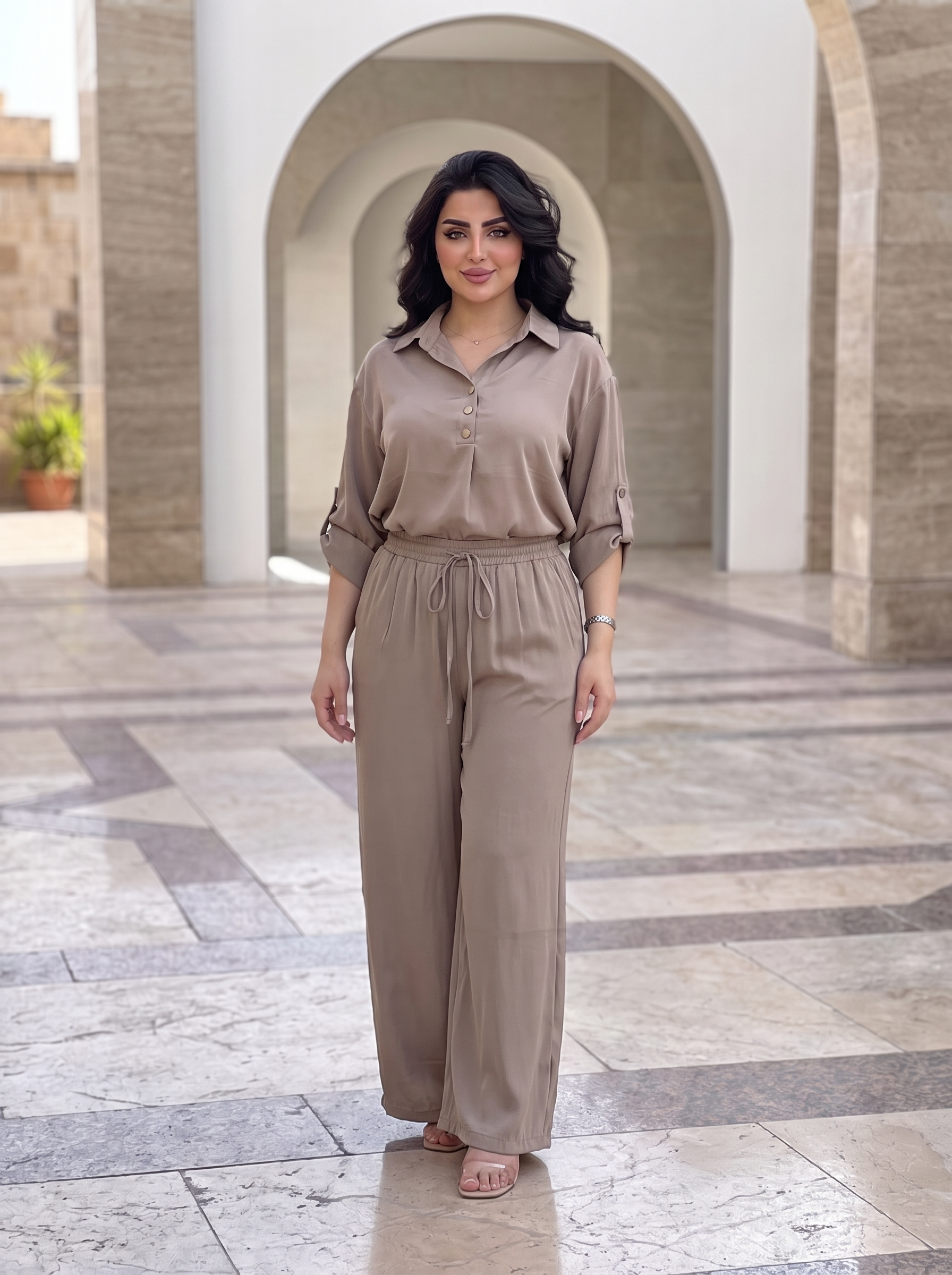 Women's Premium Two-Piece Matching Lounge Set – Button Blouse & Wide-Leg Pants