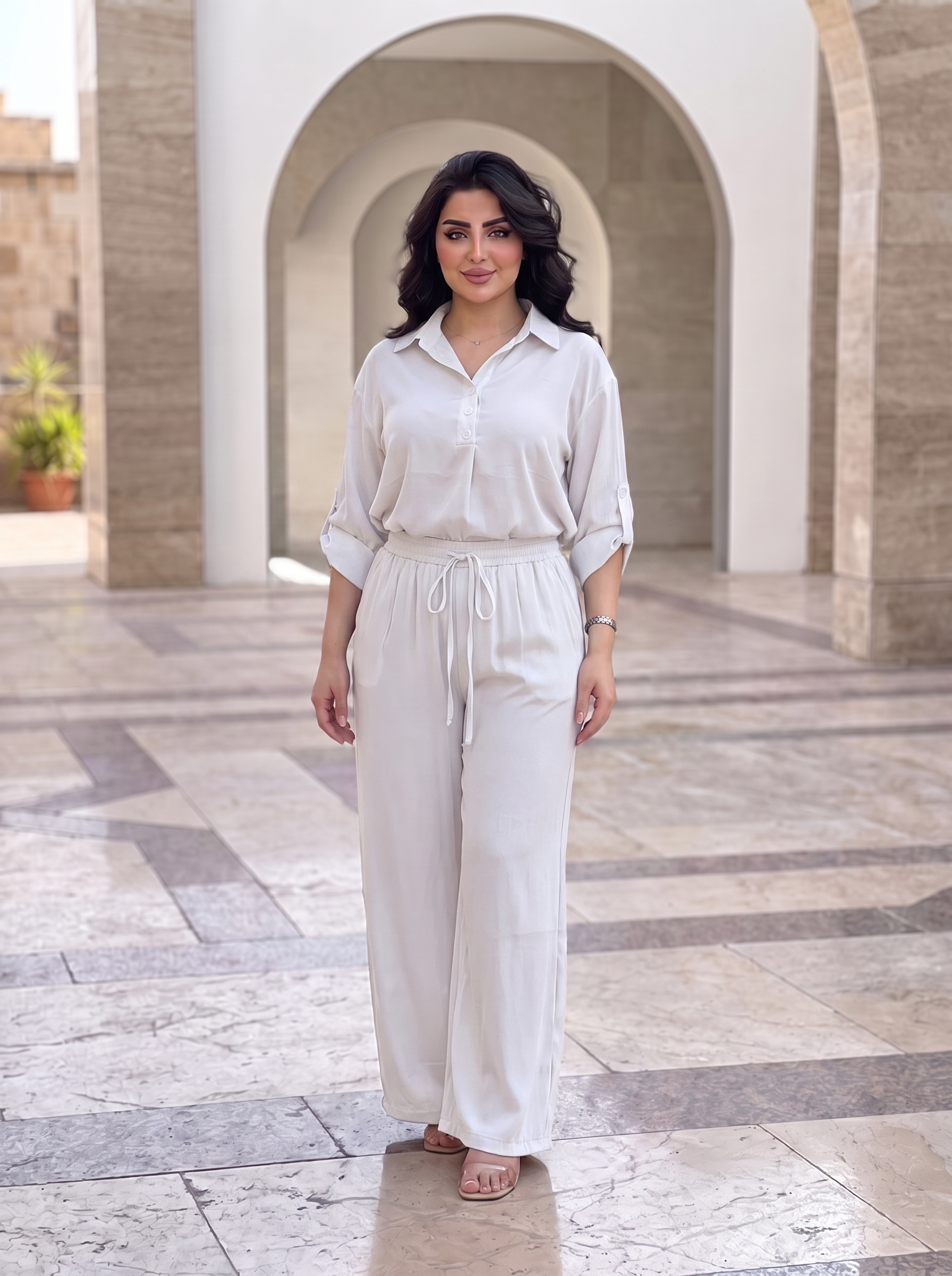 Women's Premium Two-Piece Matching Lounge Set – Button Blouse & Wide-Leg Pants