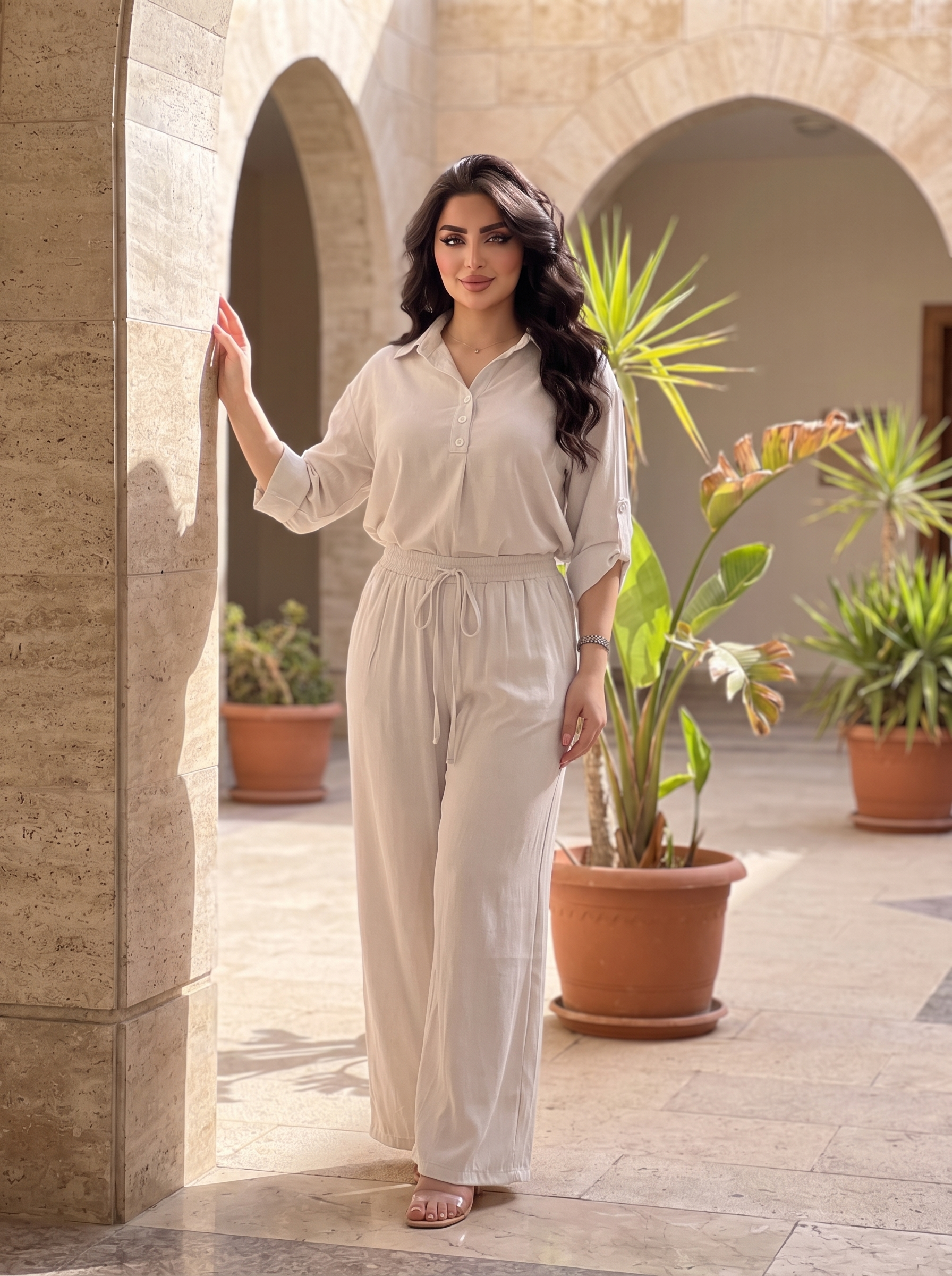 Women's Premium Two-Piece Matching Lounge Set – Button Blouse & Wide-Leg Pants