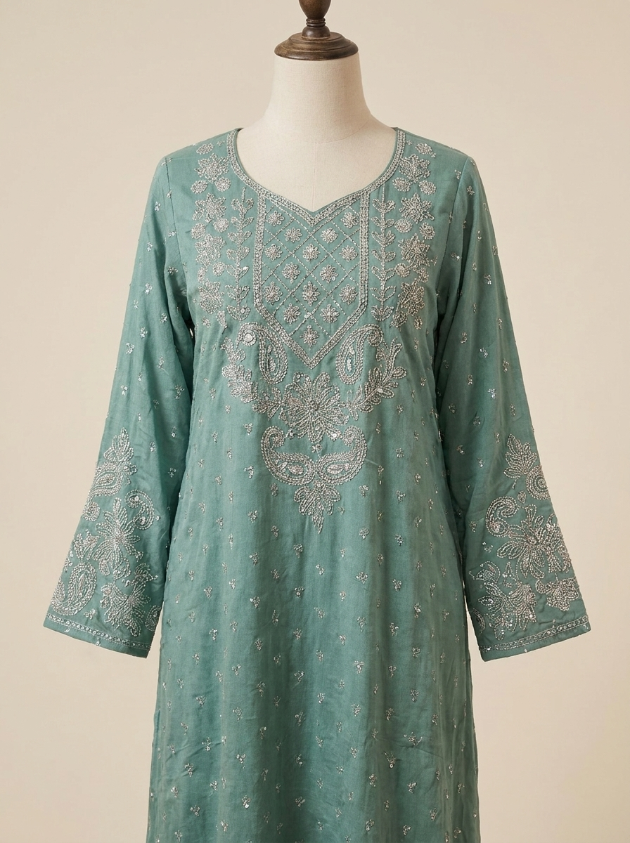 Chikankari Embroidered Jalabiya with Beaded Yoke | Long Sleeve Modest Maxi Dress