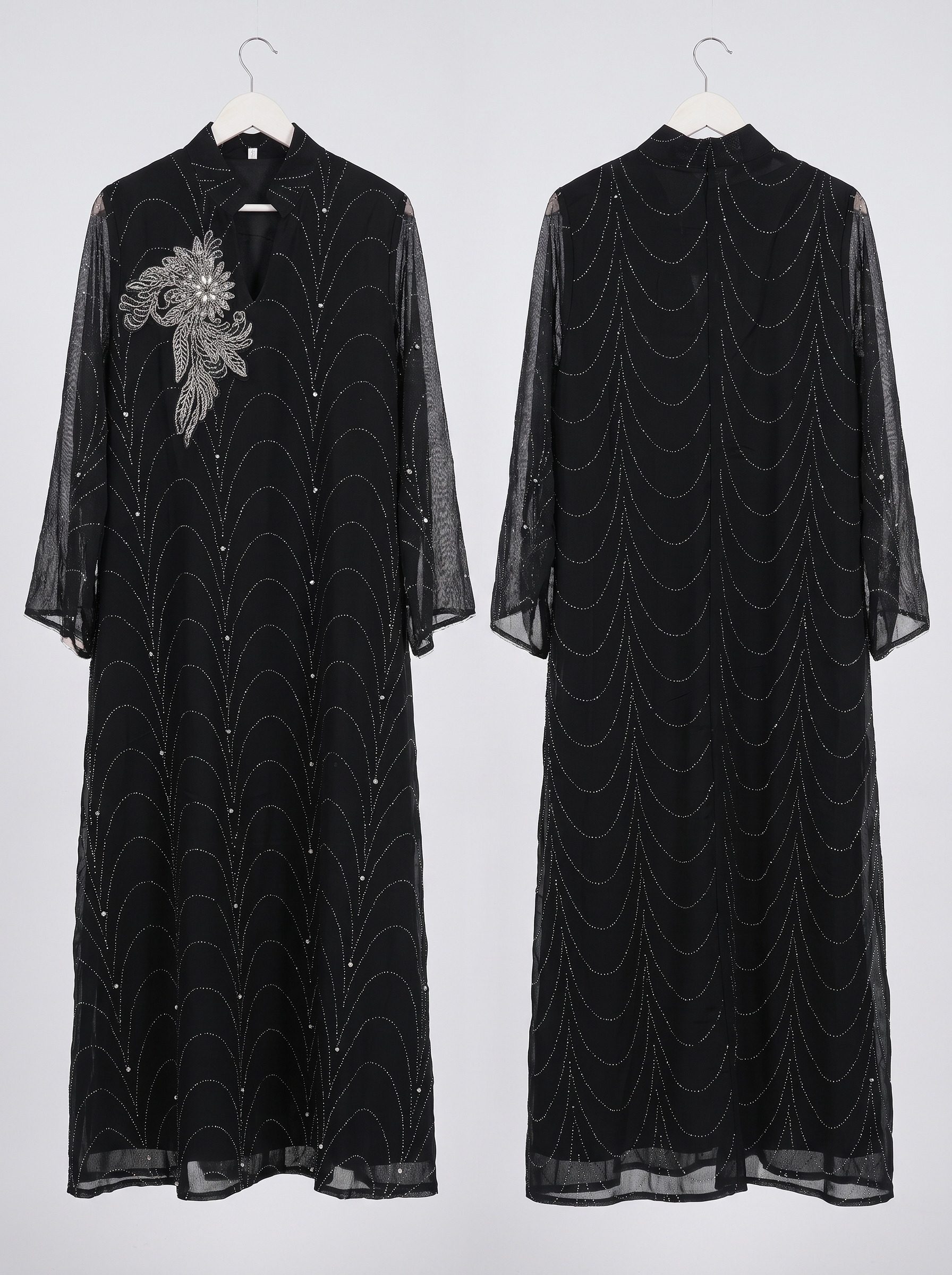 Women's Embellished Mesh Maxi Dress – Rhinestone Detail Evening Kaftan with Floral Appliqué