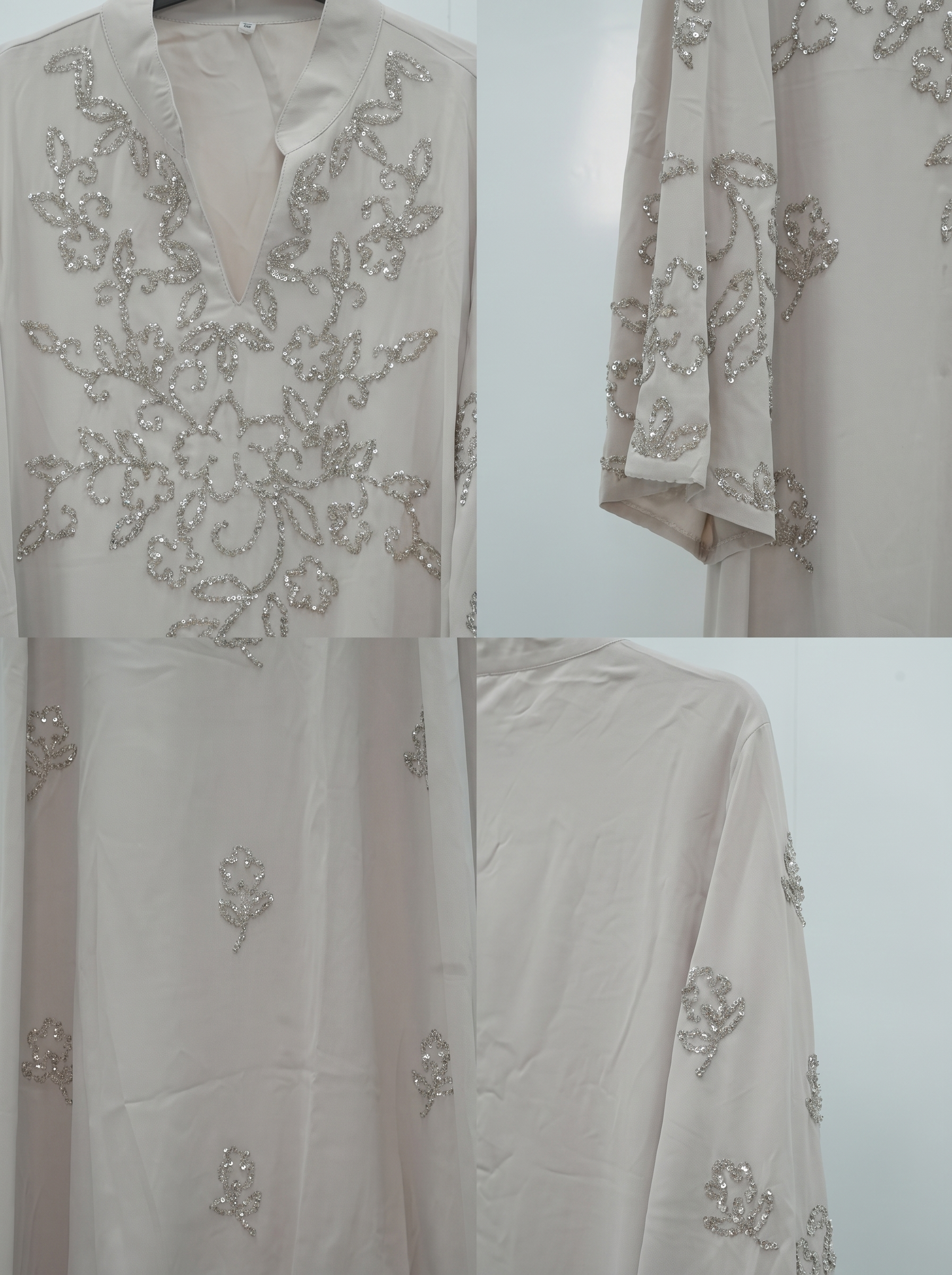 Silver Bead Floral Scattered Embroidered Jalabiya | Mandarin Collar Chiffon Kaftan Maxi Dress