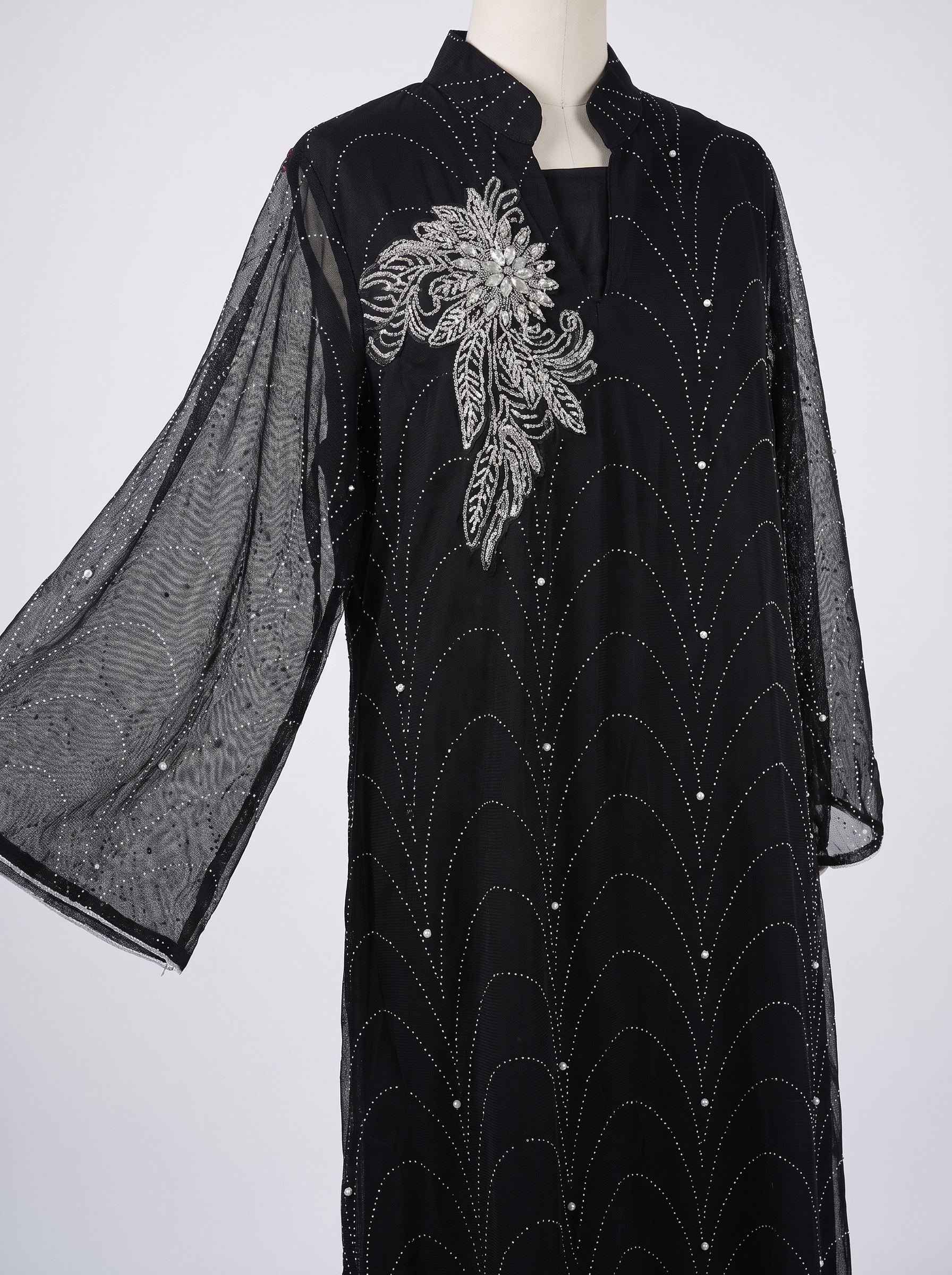 Women's Embellished Mesh Maxi Dress – Rhinestone Detail Evening Kaftan with Floral Appliqué