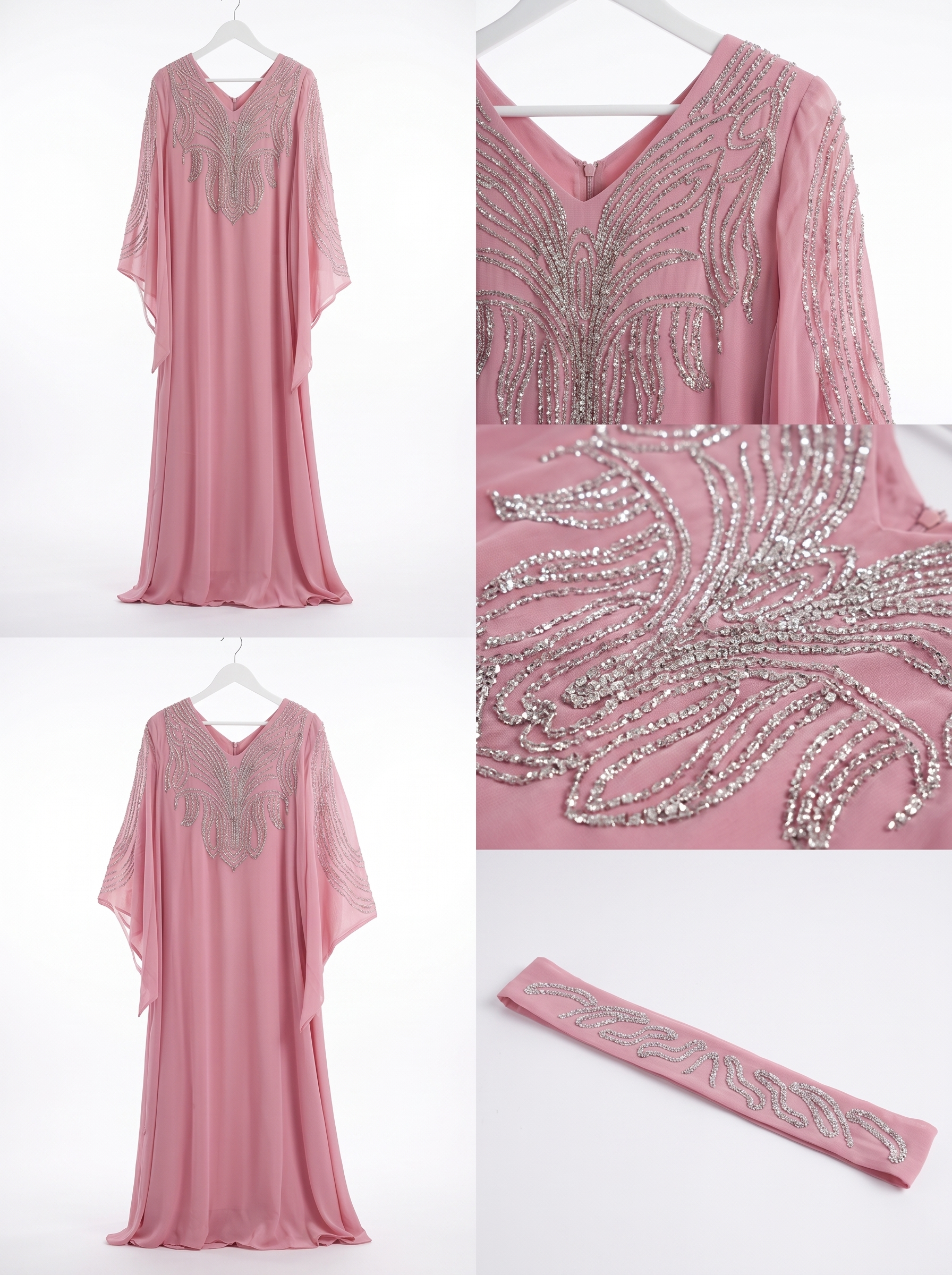 Silver Crystal Feather Embroidered Chiffon Jalabiya | Cape Sleeve Keyhole Neckline Kaftan Maxi Dress