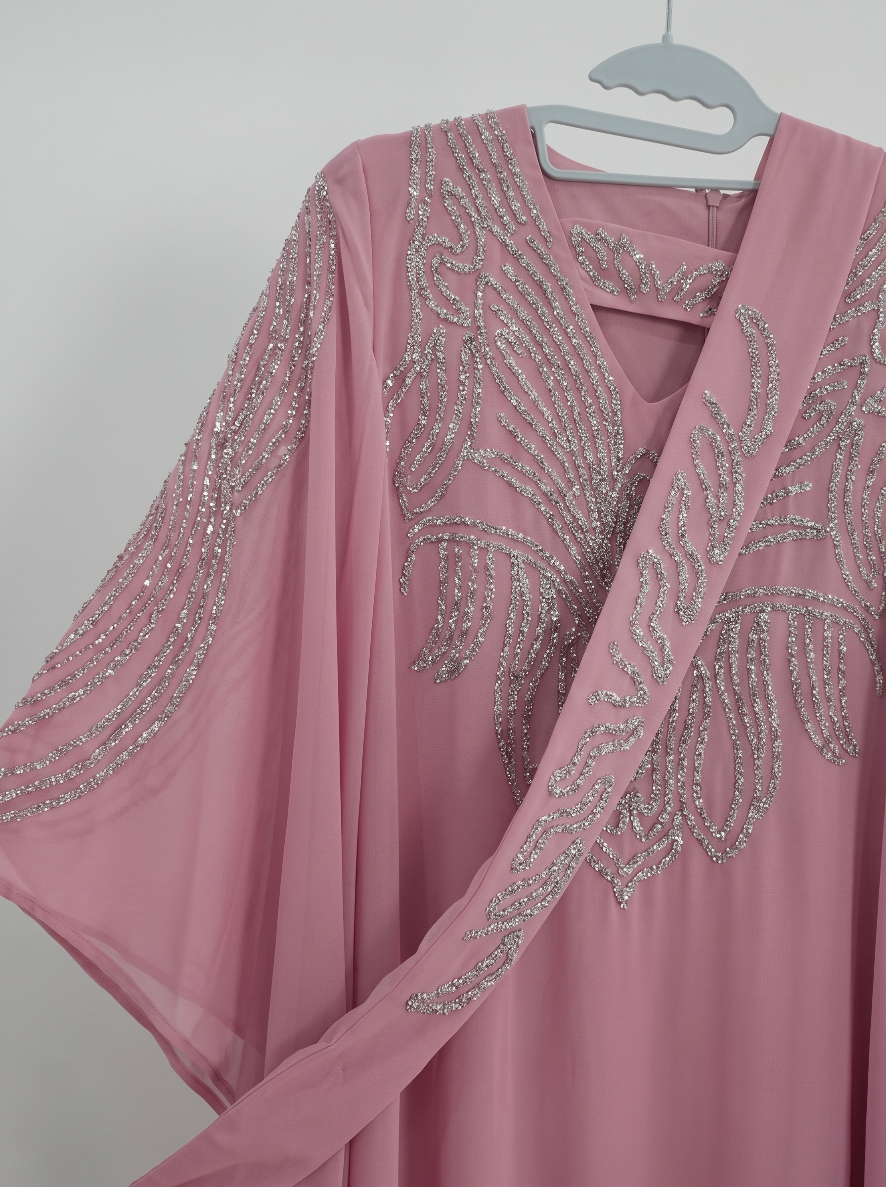 Silver Crystal Feather Embroidered Chiffon Jalabiya | Cape Sleeve Keyhole Neckline Kaftan Maxi Dress