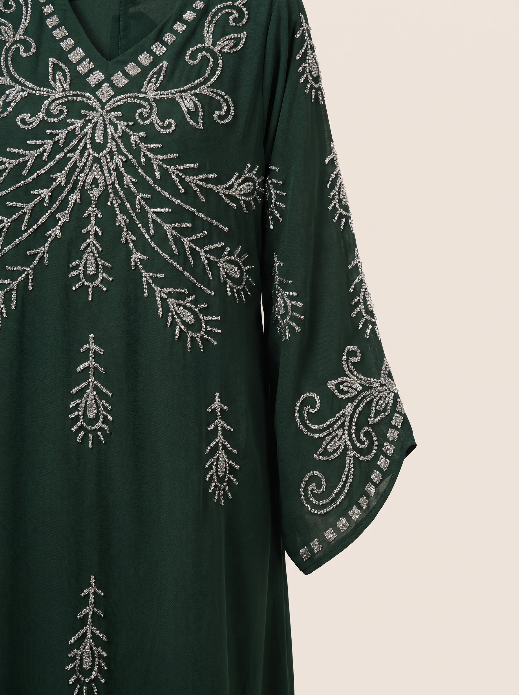 Silver Crystal Arabesque Embroidered Jalabiya with Belt | V-Neck Scattered Motif Kaftan Maxi Dress