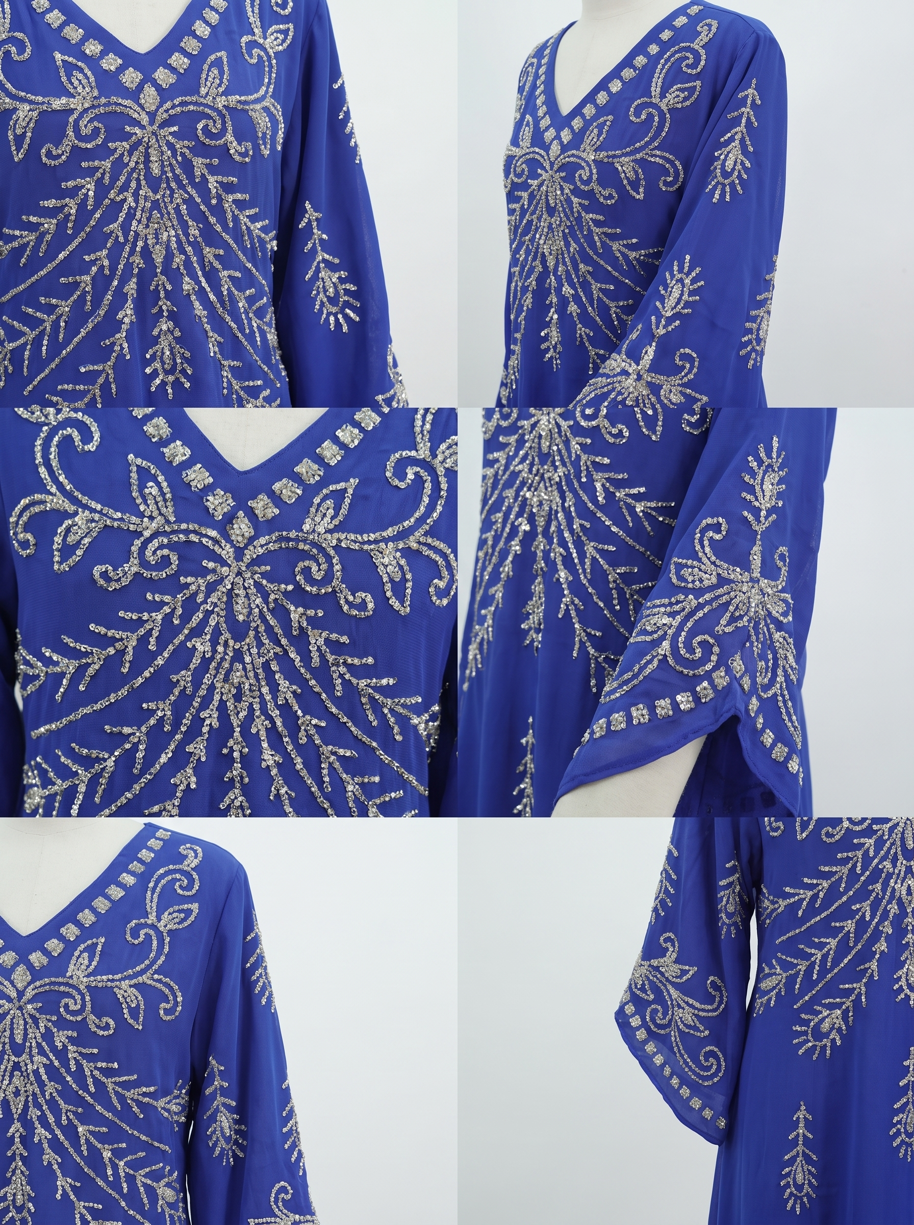 Silver Bead Floral Scattered Embroidered Jalabiya | Mandarin Collar Chiffon Kaftan Maxi Dress