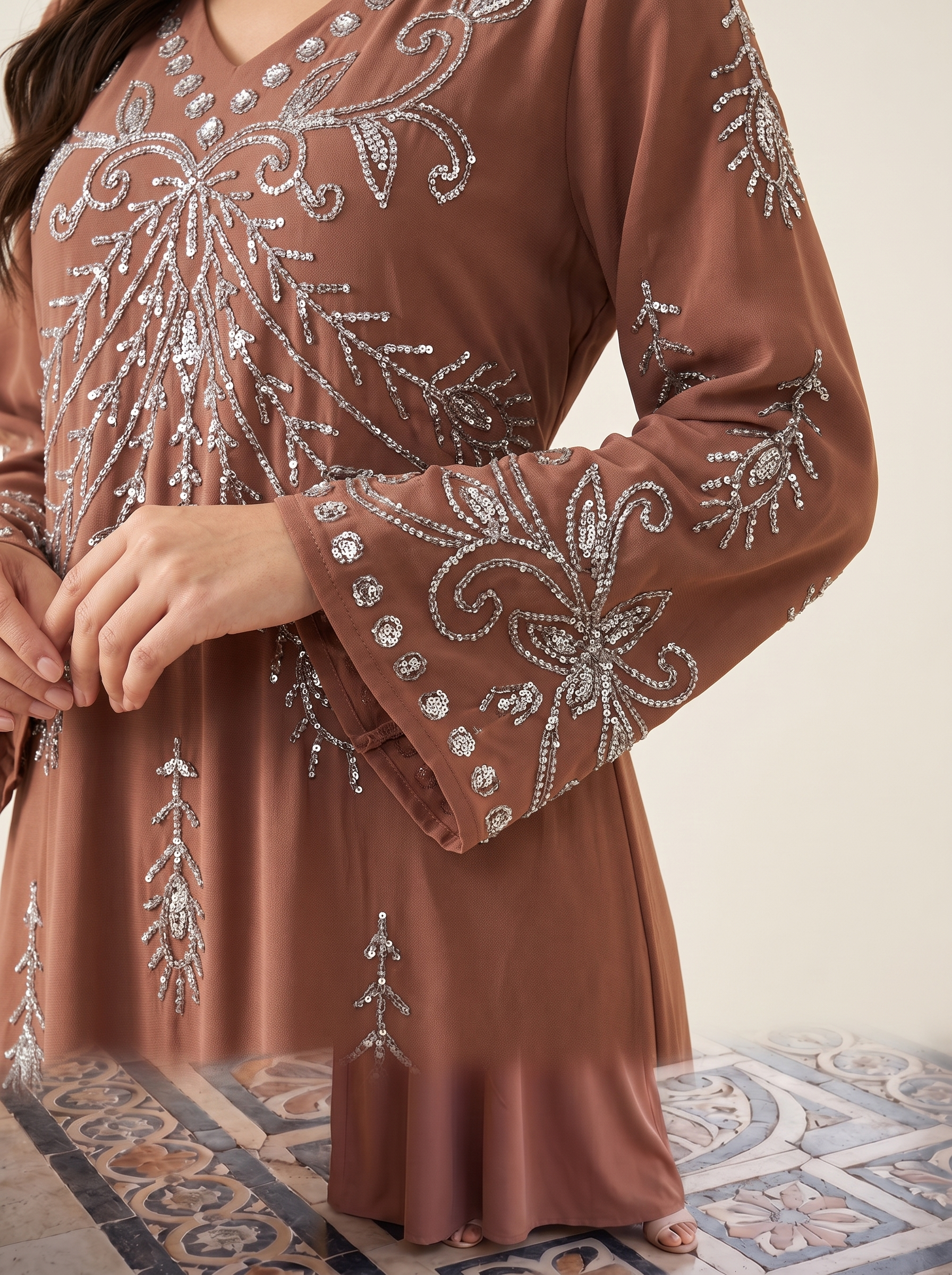 Silver Crystal Arabesque Embroidered Jalabiya with Belt | V-Neck Scattered Motif Kaftan Maxi Dress