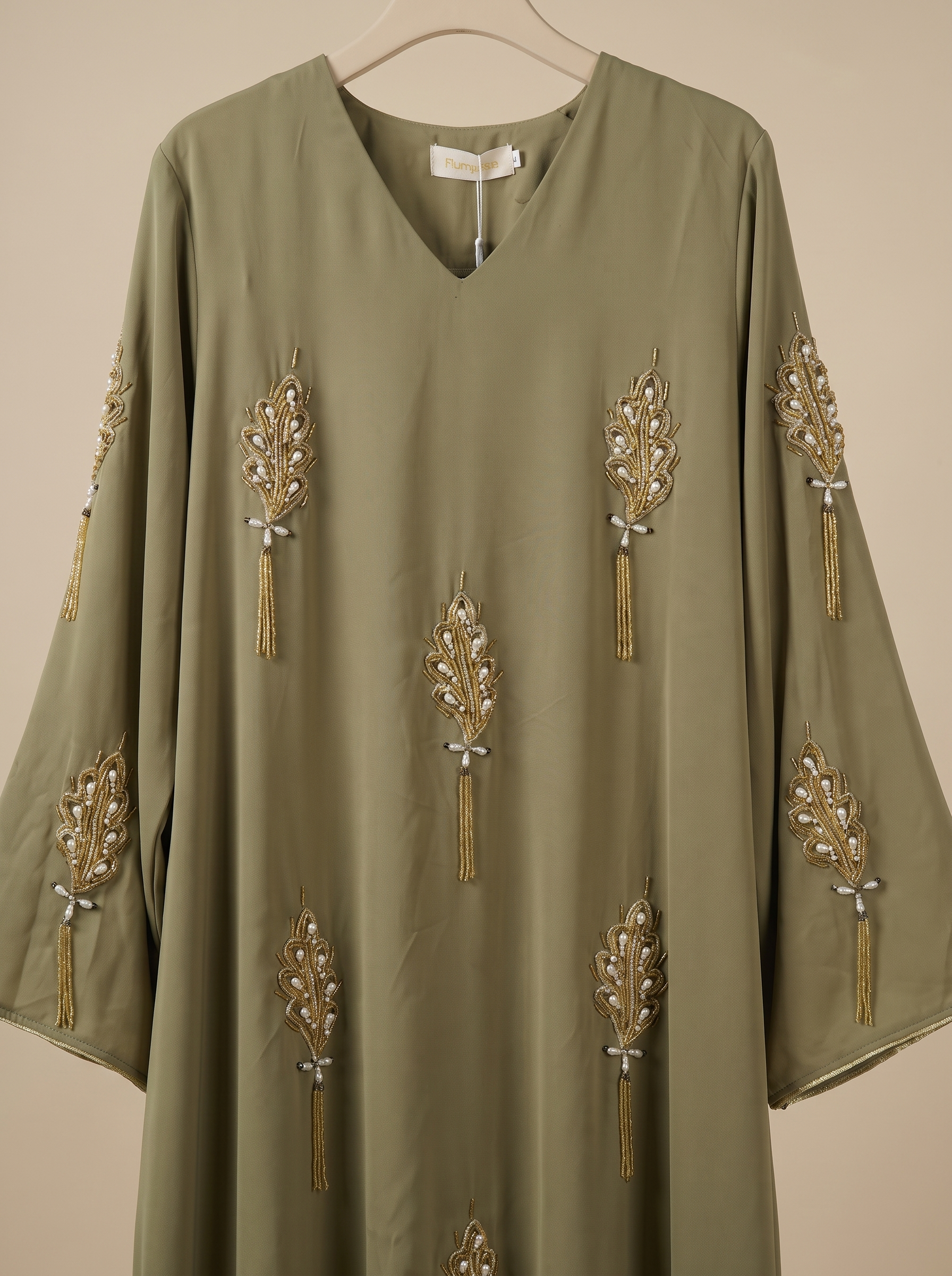Elegant Embellished Jalabiya with Gold Leaf Embroidery & Tassels | Luxury Modest Wear