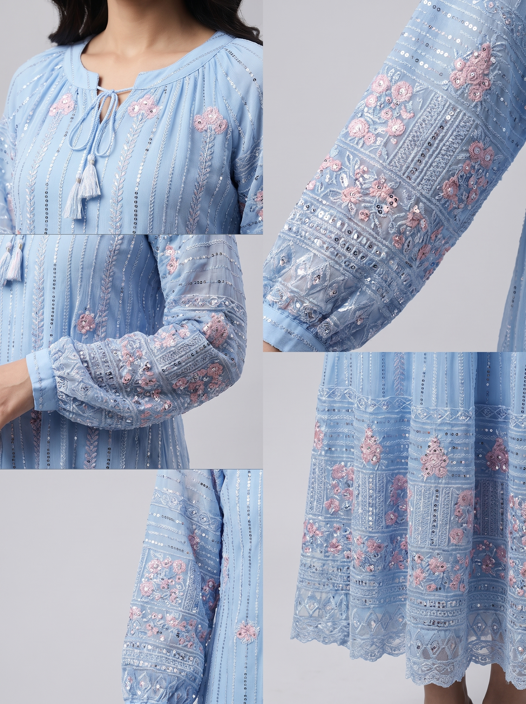 Elegant Sequined Floral Kaftan Jalabiya | Modest Maxi Dress in Pink, Green & Blue