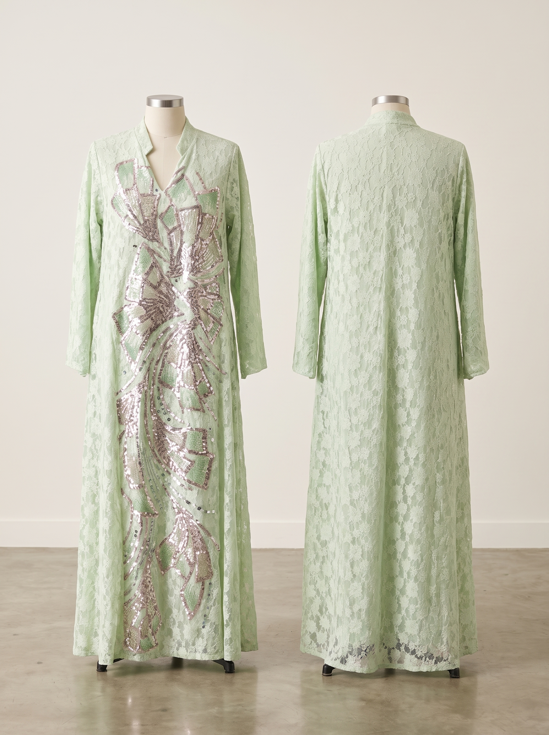Lace Jalabiya with Silver & Rose Gold Sequin Embroidery | Modest Maxi Dress | Eid & Wedding Occasion Wear