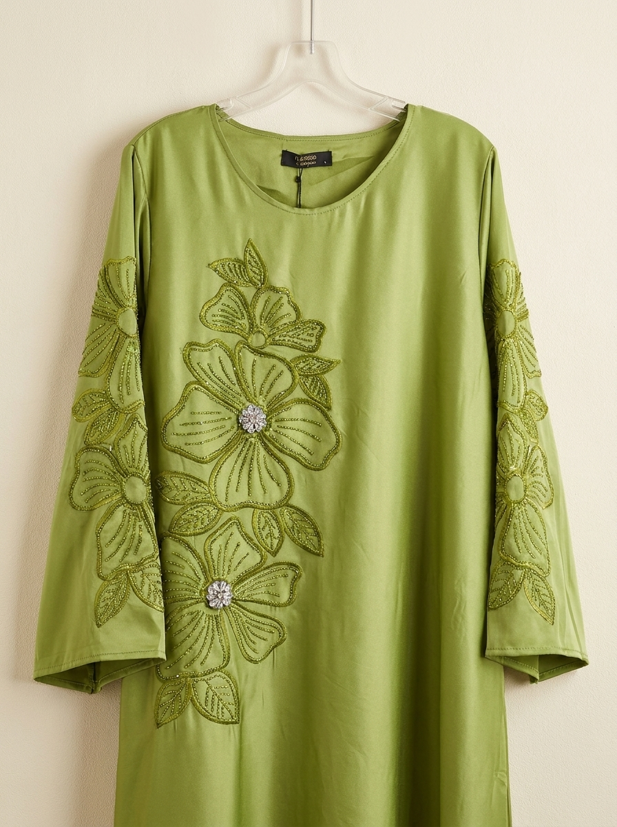 Satin Abaya with Tonal Floral Applique & Crystal Detail | Modest Maxi Dress