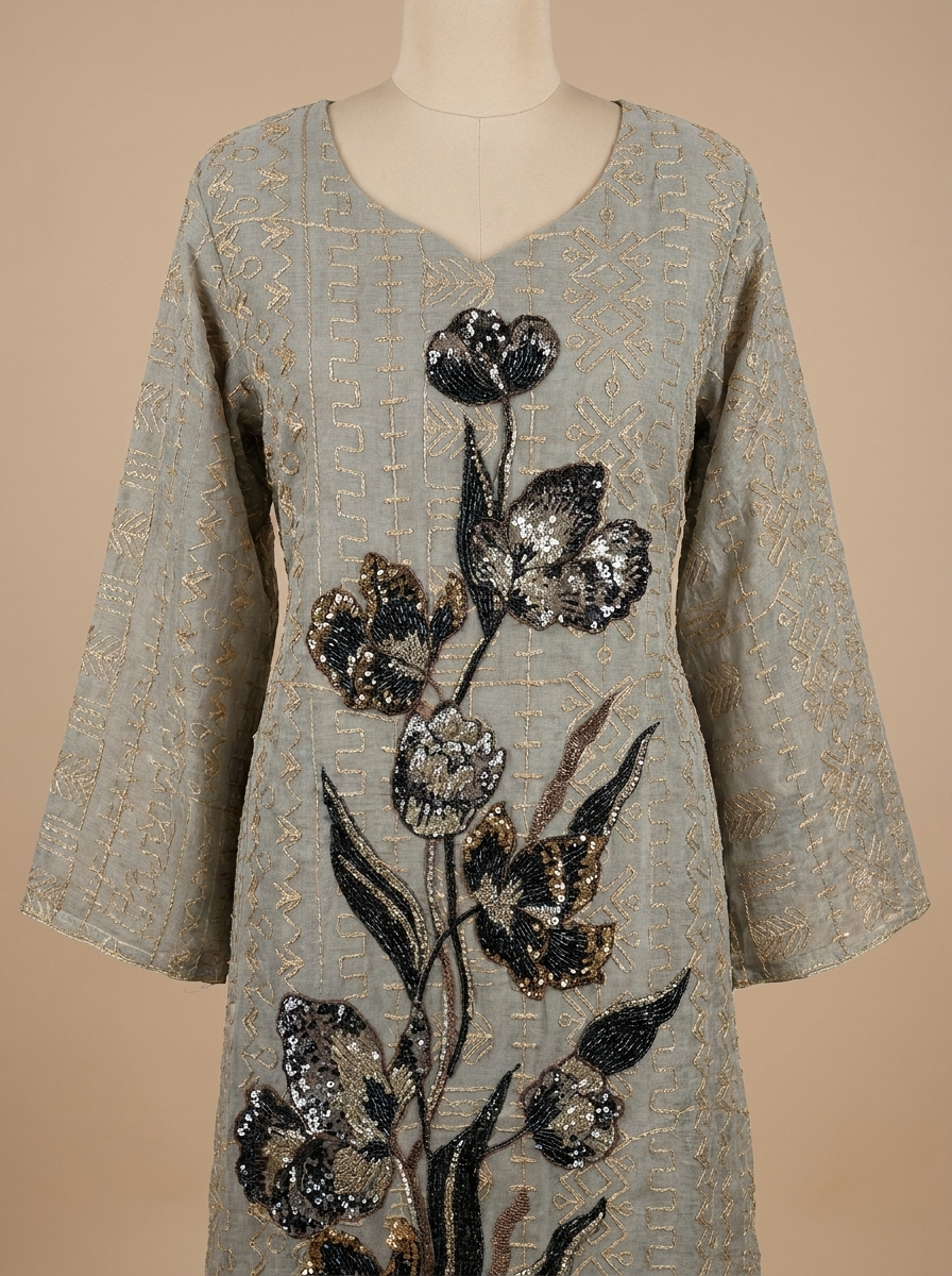 Geometric Print Kaftan with Floral Sequin Embroidery | Bell Sleeve Modest Maxi Dress