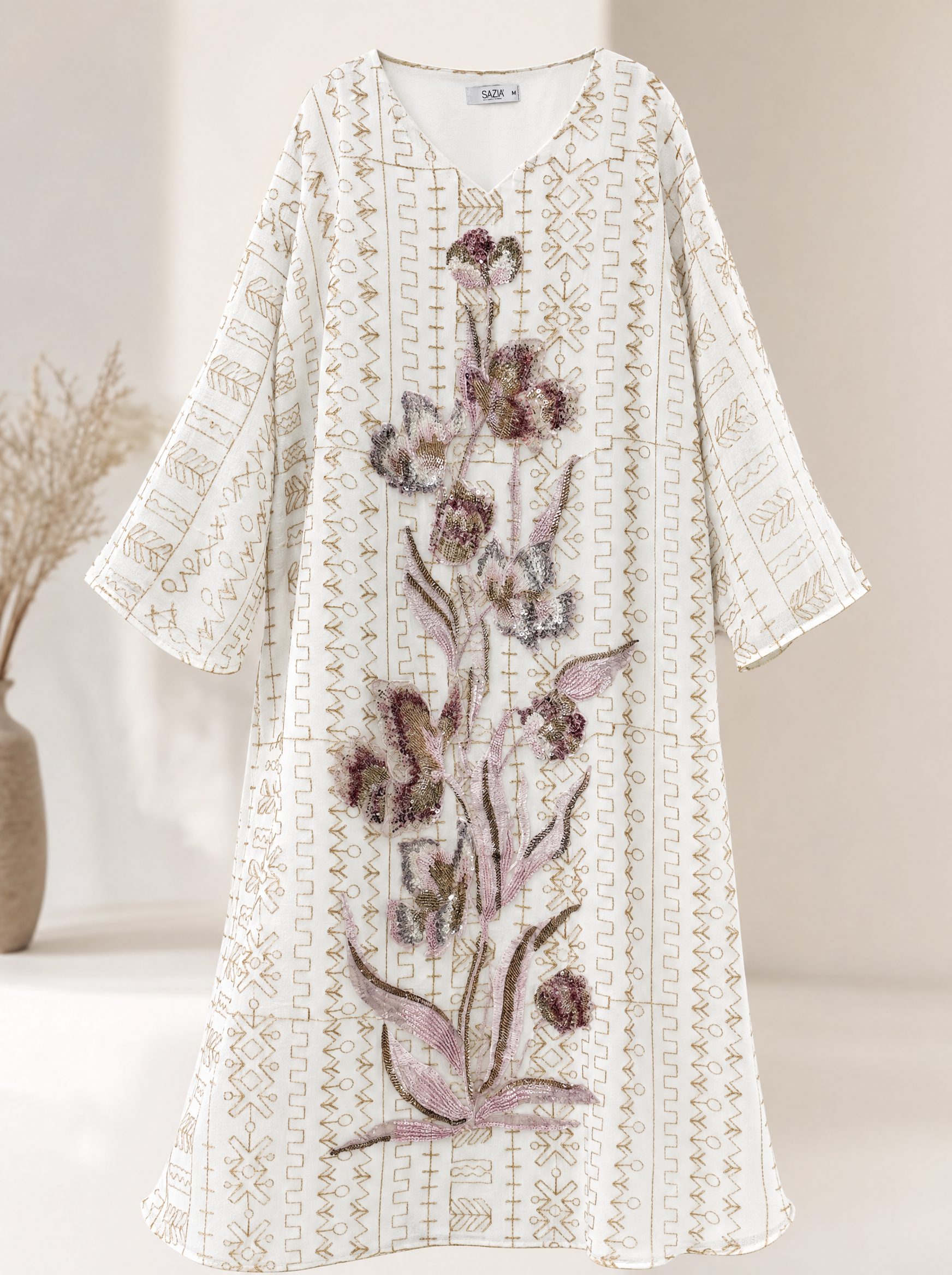 Geometric Print Kaftan with Floral Sequin Embroidery | Bell Sleeve Modest Maxi Dress