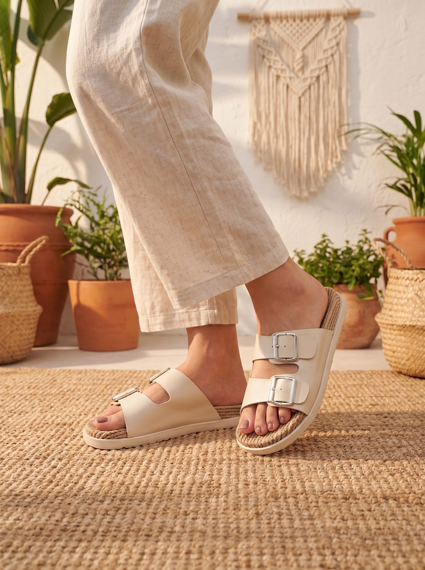 A person wearing off-white double-strap slide sandals with square buckles, paired with light beige linen pants, standing on a woven jute rug in a warm, sunlit room with potted plants and a macrame wall hanging.