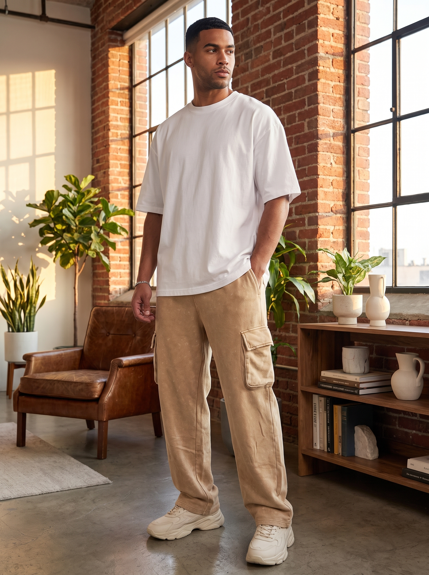 Men's Mineral Wash Loose Fit Cargo Joggers - Men's Tan Fleece Sweatpants with Pockets