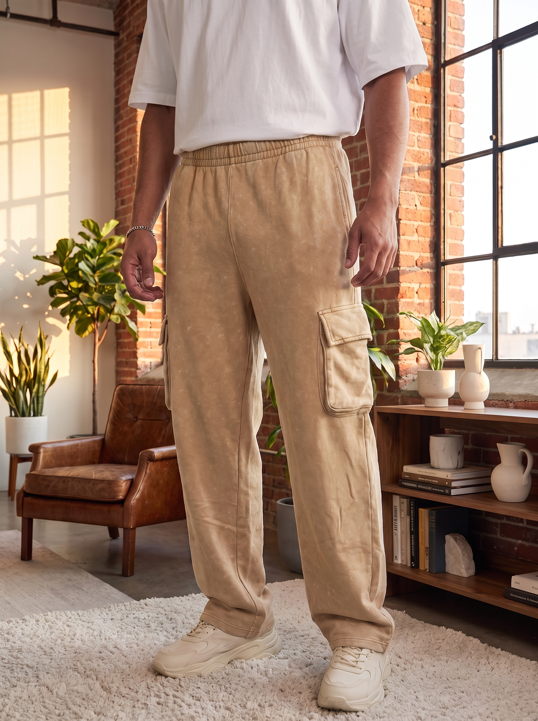 Men's Mineral Wash Loose Fit Cargo Joggers - Men's Tan Fleece Sweatpants with Pockets
