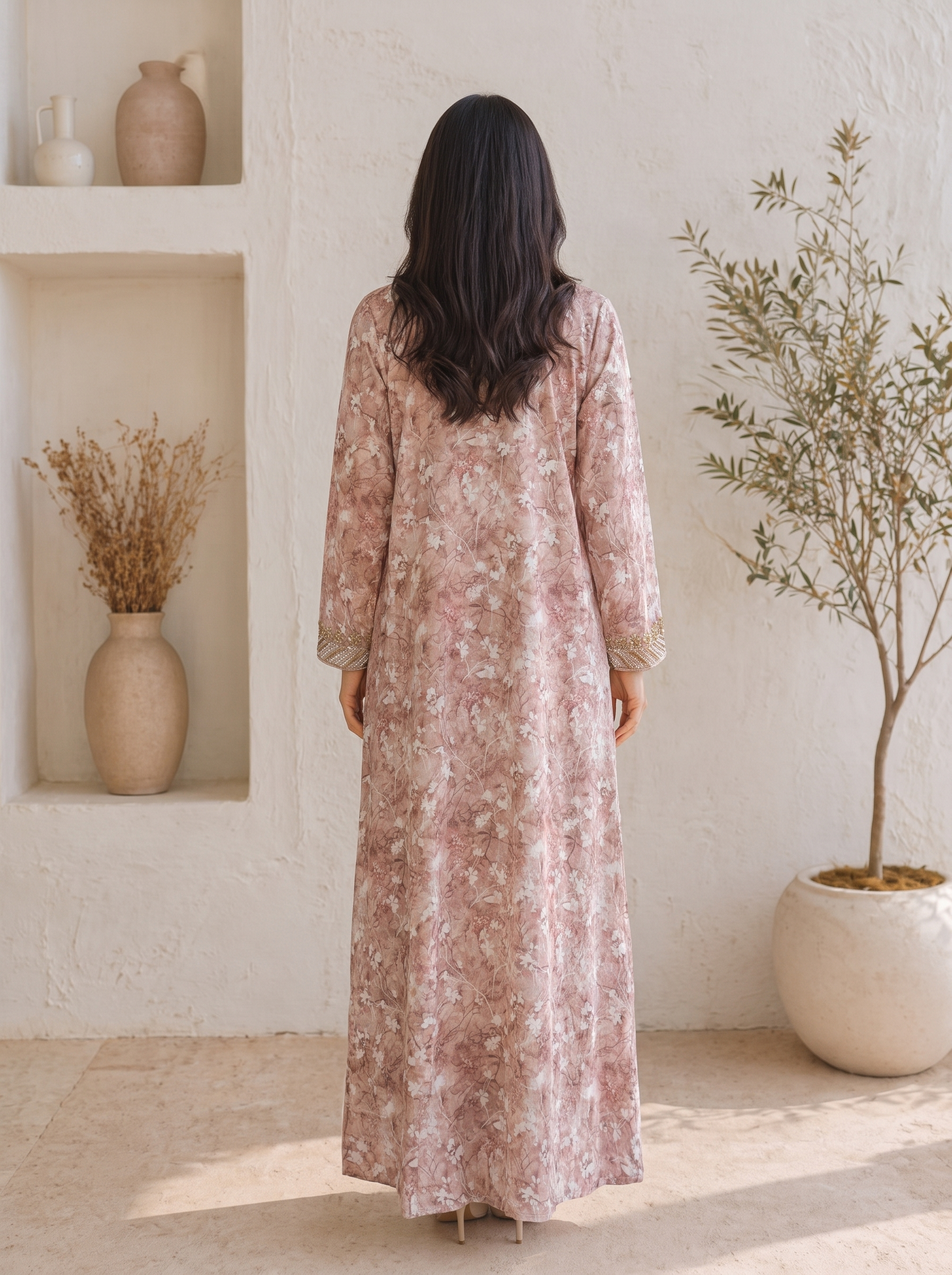 Elegant Lilac Floral Printed Jalabiya Kaftan with Chevron V-Neck Embroidery | Long Sleeve Maxi Dress for Women