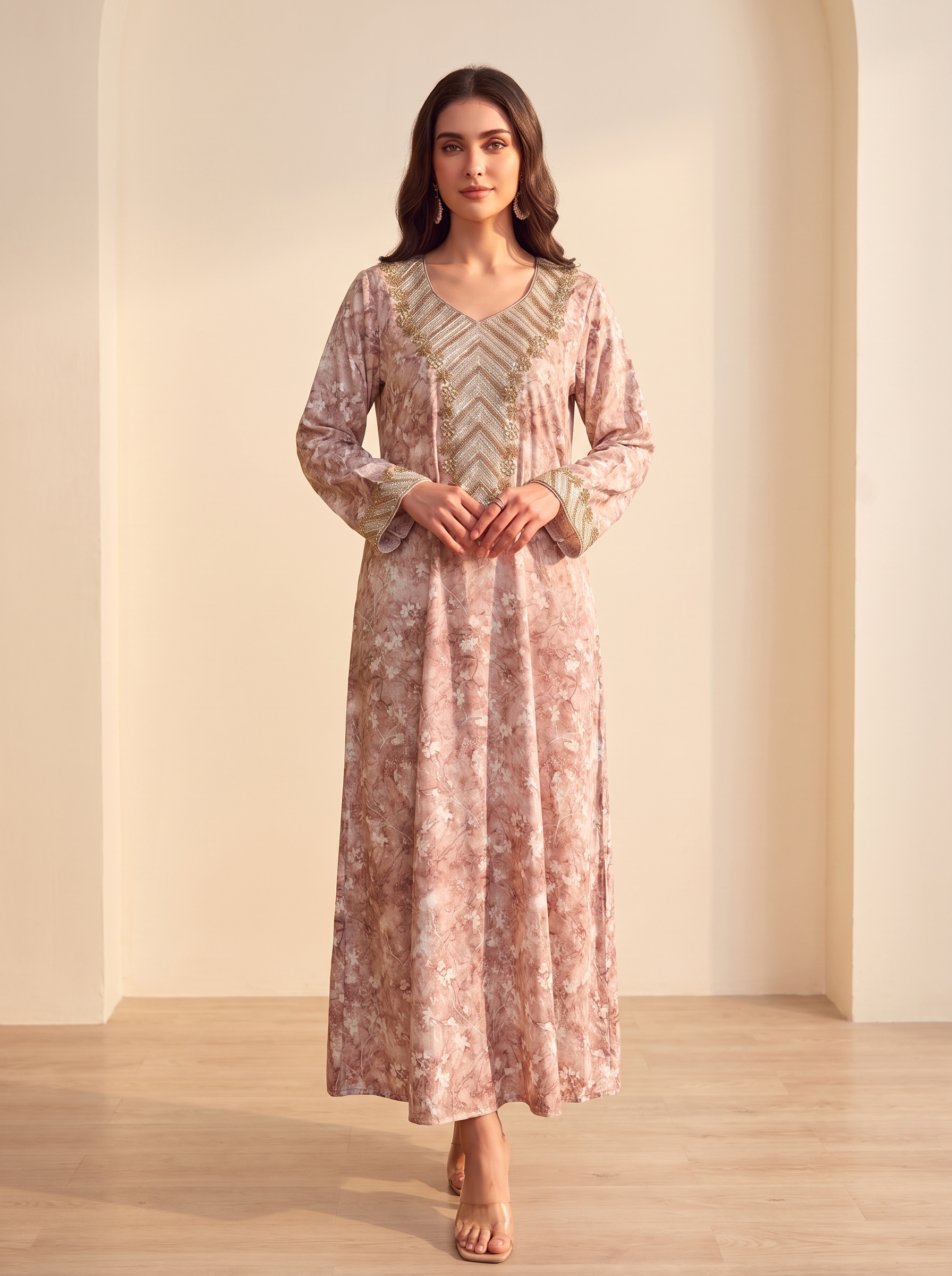 Elegant Lilac Floral Printed Jalabiya Kaftan with Chevron V-Neck Embroidery | Long Sleeve Maxi Dress for Women