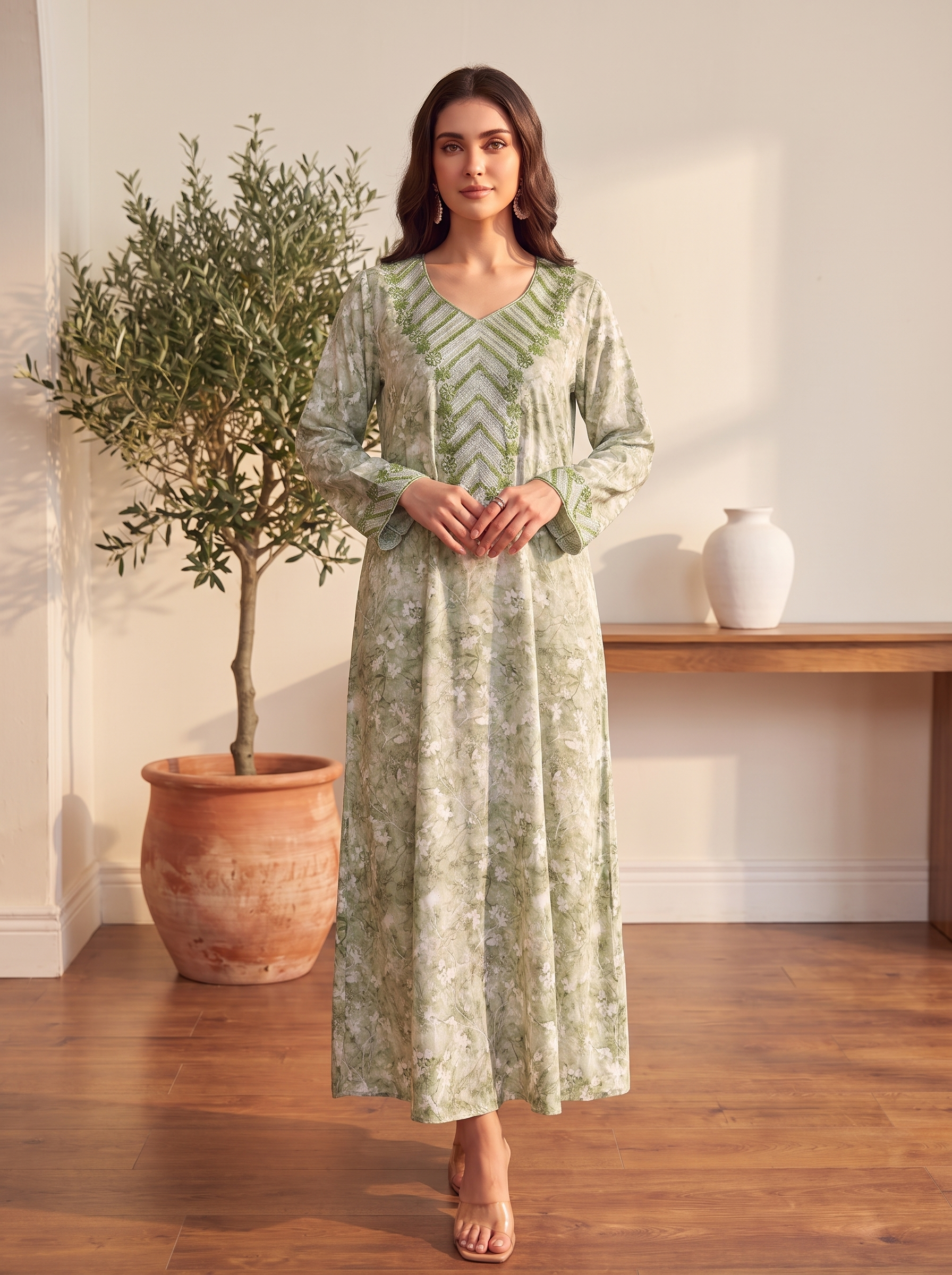 Elegant Lilac Floral Printed Jalabiya Kaftan with Chevron V-Neck Embroidery | Long Sleeve Maxi Dress for Women