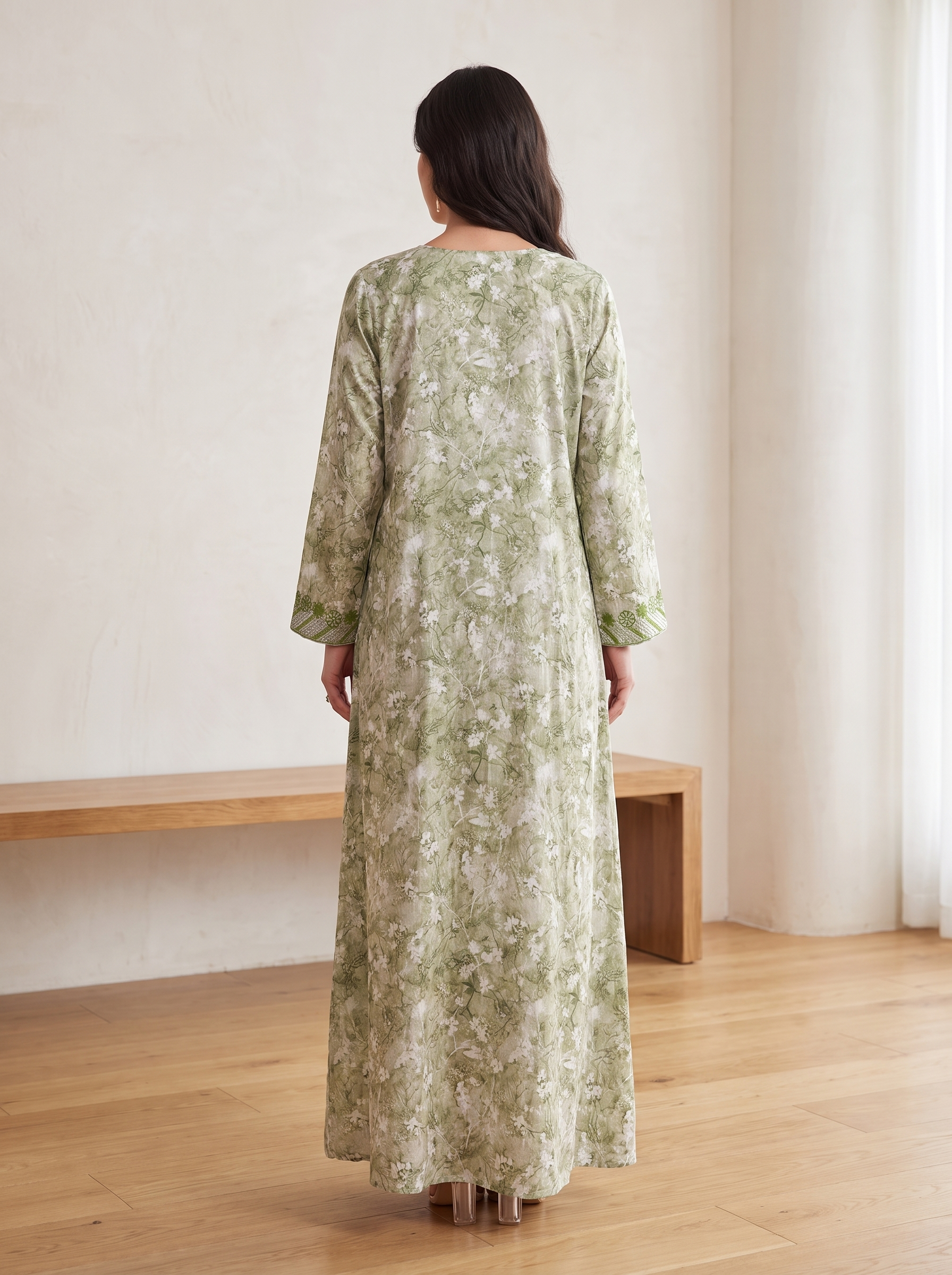 Elegant Lilac Floral Printed Jalabiya Kaftan with Chevron V-Neck Embroidery | Long Sleeve Maxi Dress for Women