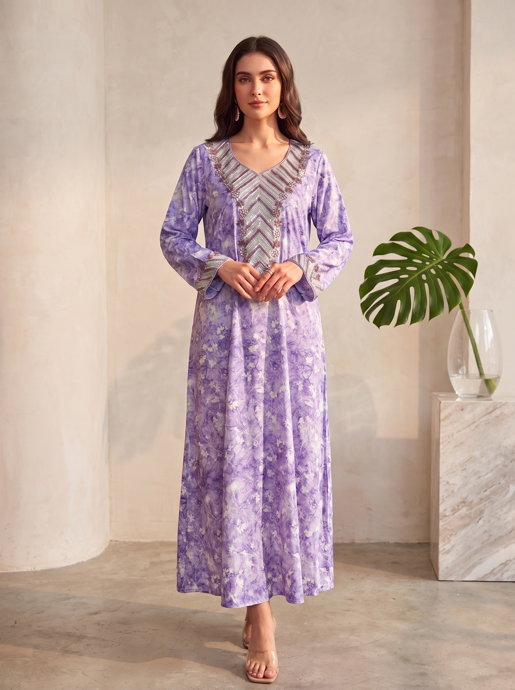 Elegant Lilac Floral Printed Jalabiya Kaftan with Chevron V-Neck Embroidery | Long Sleeve Maxi Dress for Women