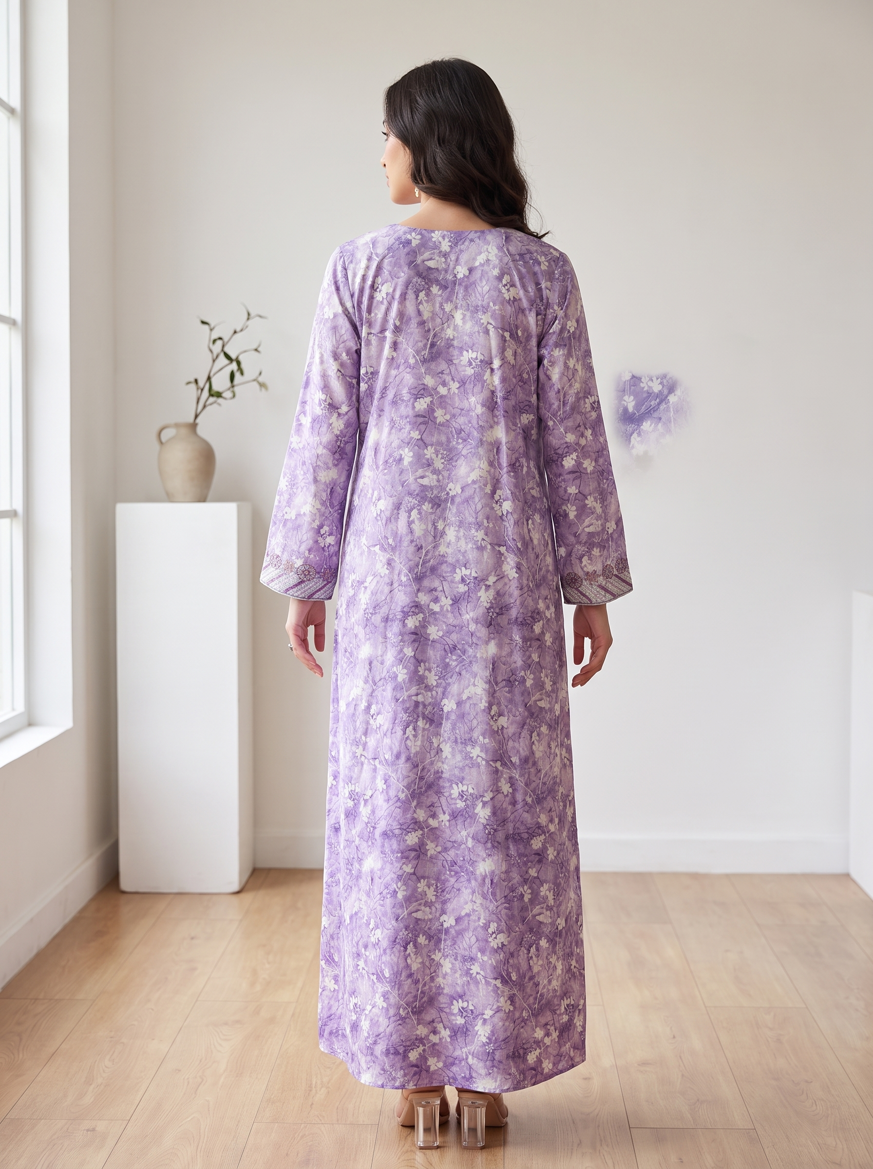 Elegant Lilac Floral Printed Jalabiya Kaftan with Chevron V-Neck Embroidery | Long Sleeve Maxi Dress for Women
