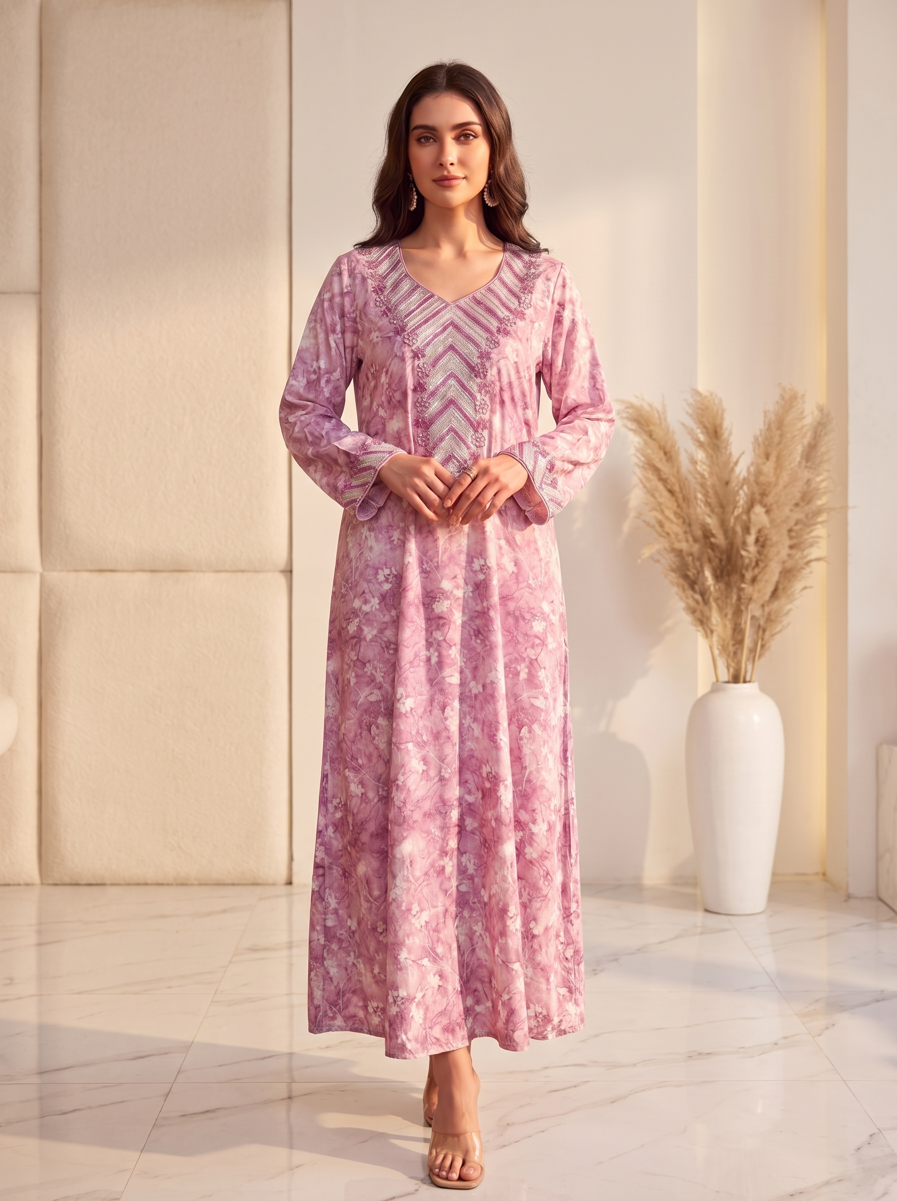 Elegant Lilac Floral Printed Jalabiya Kaftan with Chevron V-Neck Embroidery | Long Sleeve Maxi Dress for Women