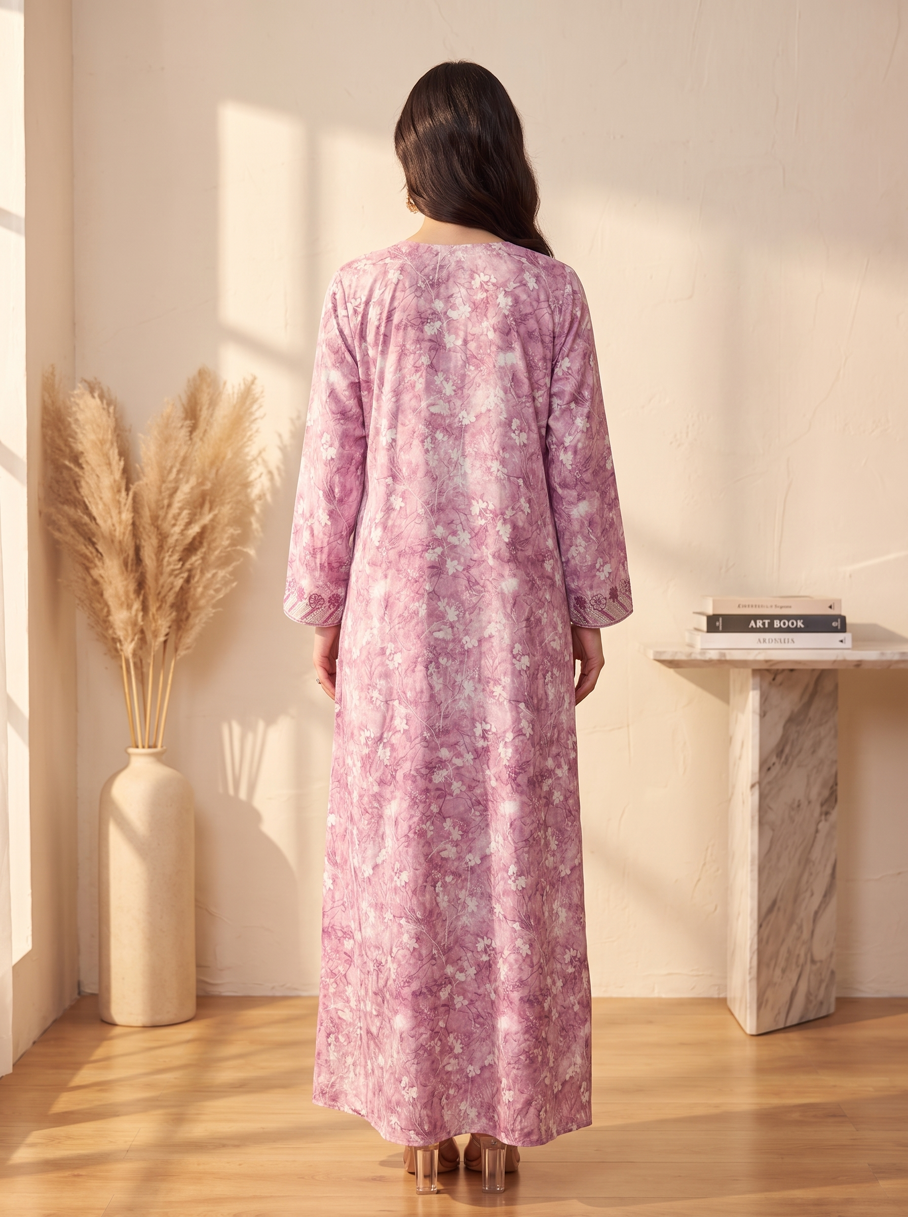 Elegant Lilac Floral Printed Jalabiya Kaftan with Chevron V-Neck Embroidery | Long Sleeve Maxi Dress for Women