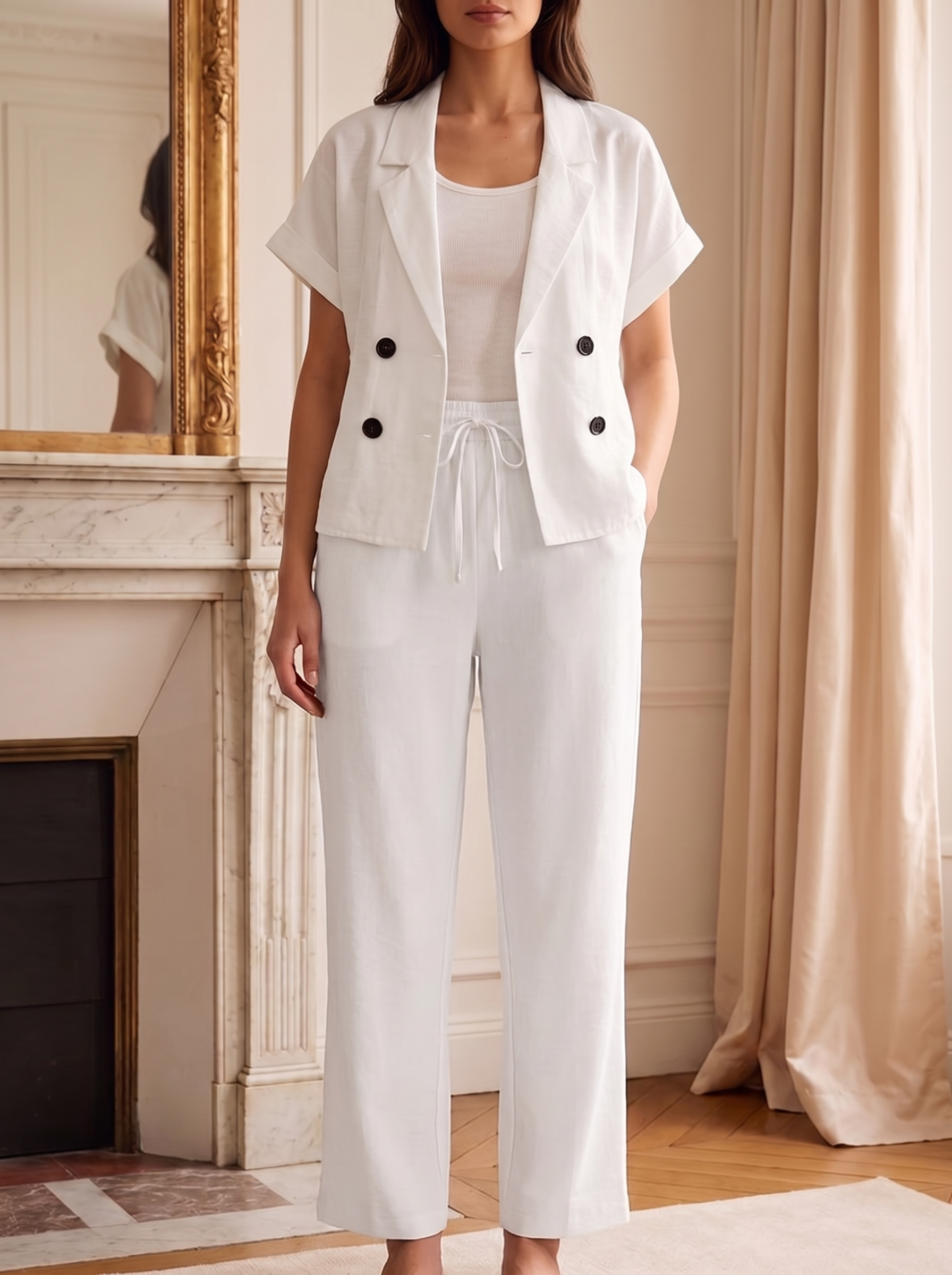 Ladies Textured Crop Blazer Blouse & Trouser set - Casual Notch Lapel Summer Top