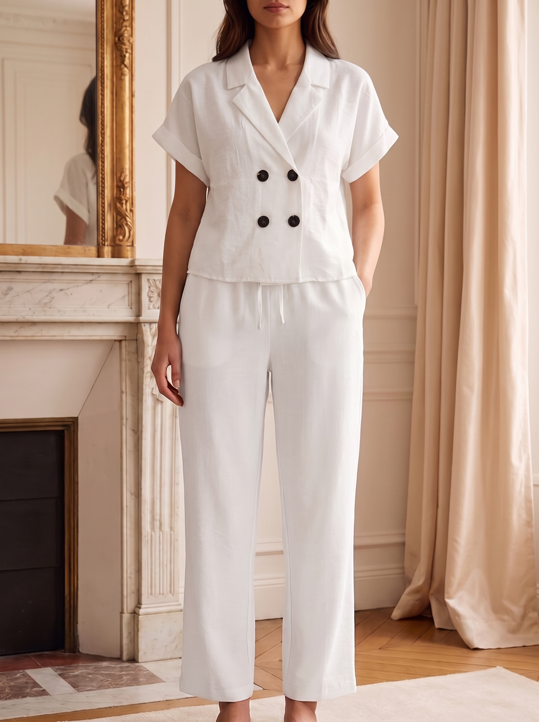 Ladies Textured Crop Blazer Blouse & Trouser set - Casual Notch Lapel Summer Top