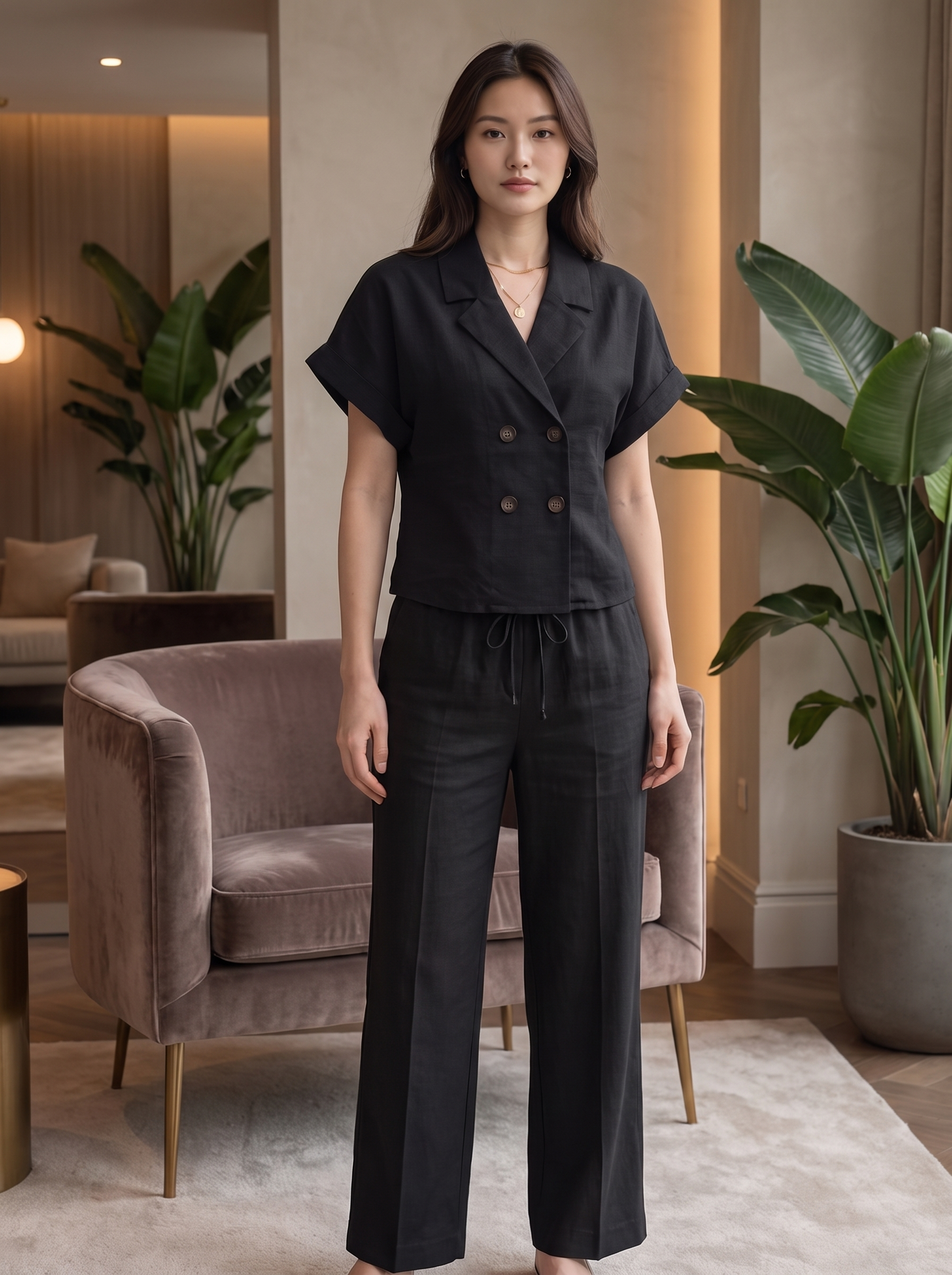 Ladies Textured Crop Blazer Blouse & Trouser set - Casual Notch Lapel Summer Top