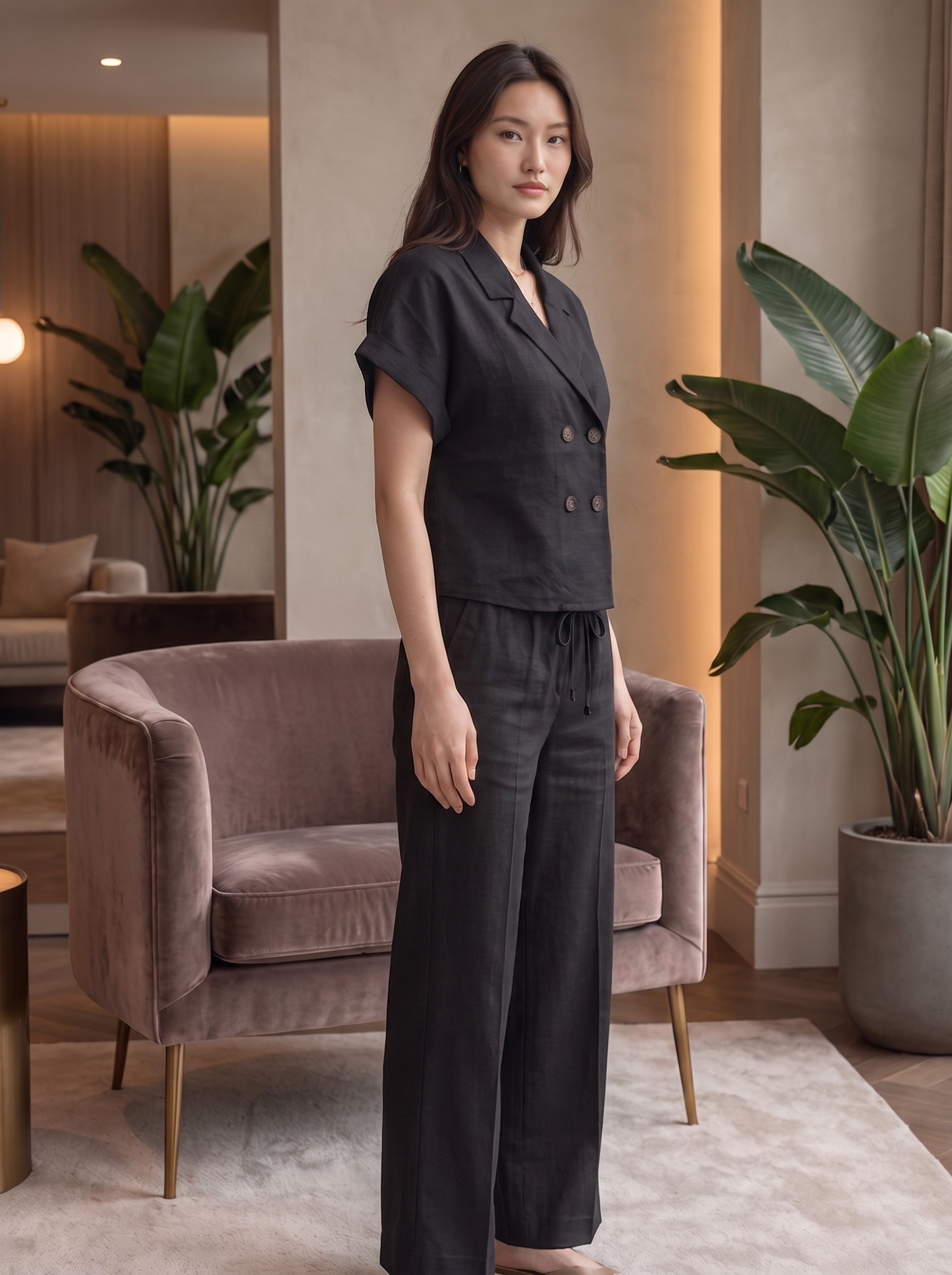 Ladies Textured Crop Blazer Blouse & Trouser set - Casual Notch Lapel Summer Top