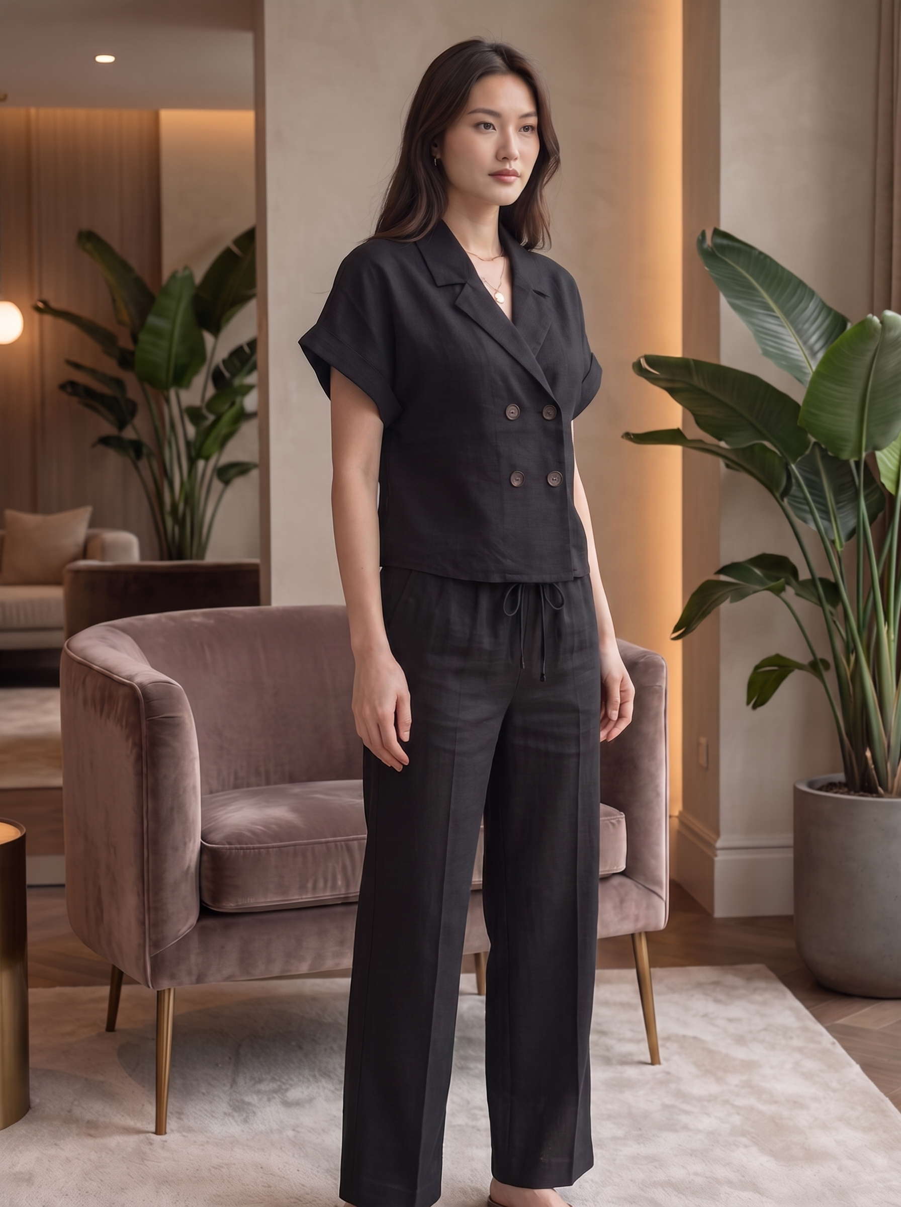 Ladies Textured Crop Blazer Blouse & Trouser set - Casual Notch Lapel Summer Top