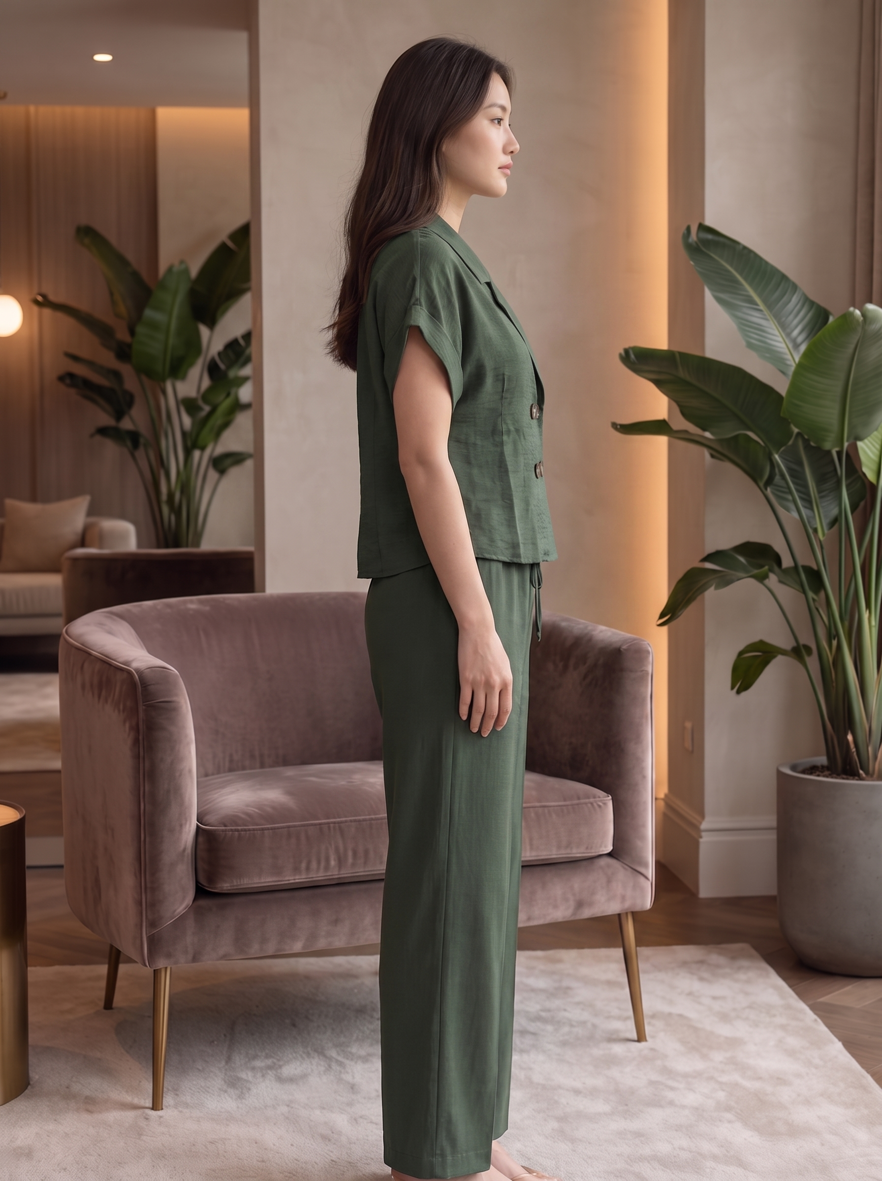 Ladies Textured Crop Blazer Blouse & Trouser set - Casual Notch Lapel Summer Top
