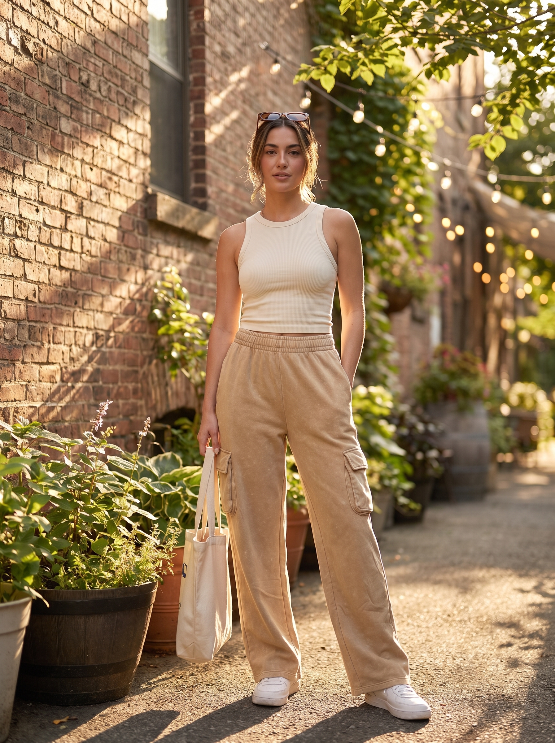 Women's Mineral Wash Loose Fit Cargo Joggers - Women Tan Fleece Sweatpants with Pockets